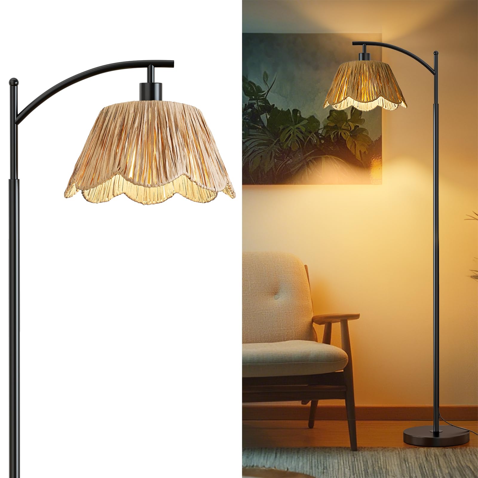 Oneach Boho Rattan Floor Lamp for Living Room  Farmhouse Standing Lamp with Hand-Woven Shade  Black Metal Base & Pole  Foot Switch - Corner Reading Lamp for Bedroom