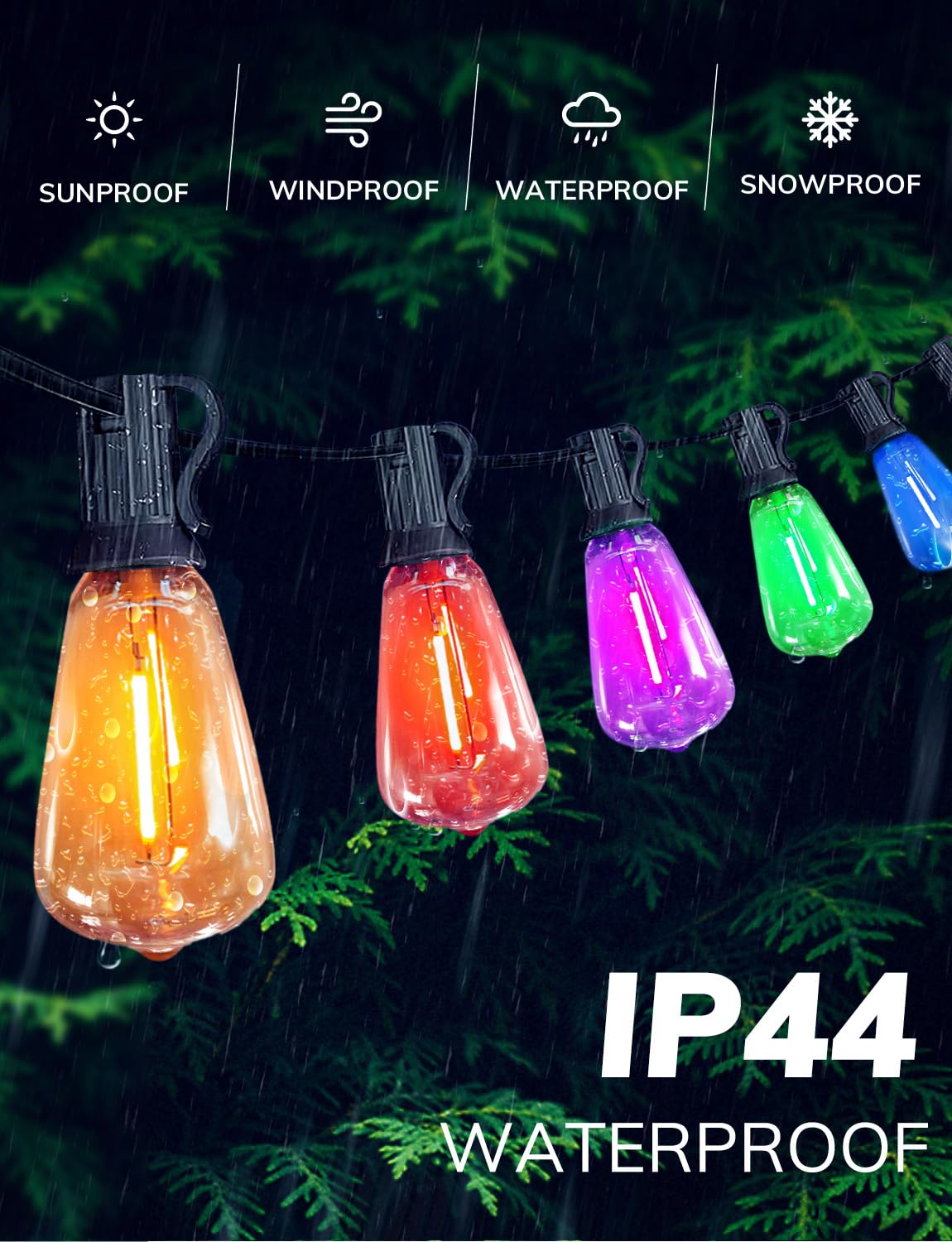 Achin Multicolor Outdoor String Lights 200Ft(100Ft*2), Colored Patio Lights Waterproof With 100+5 St38 Vintage Led Bulbs Shatter
