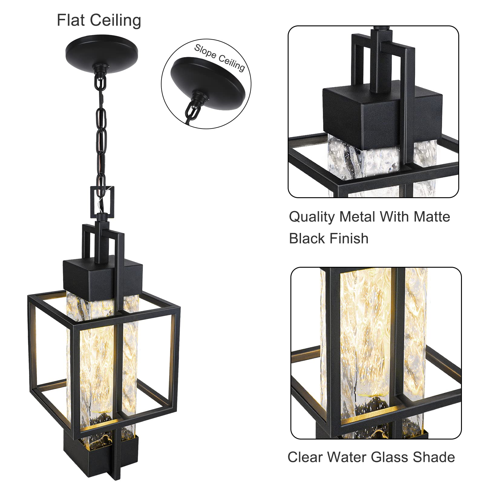 PARTPHONER 15in Pendant Light Fixture, Black Metal Lantern with Water Glass, Ceiling Mount, Model LED0969