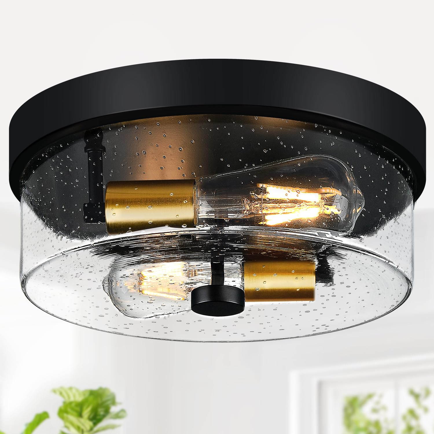 Flush Mount Ceiling Light Fixtures, 2-Light Black and Gold Ceiling Mount for Farmhouse with Seeded Glass Lampshade, Industrial F