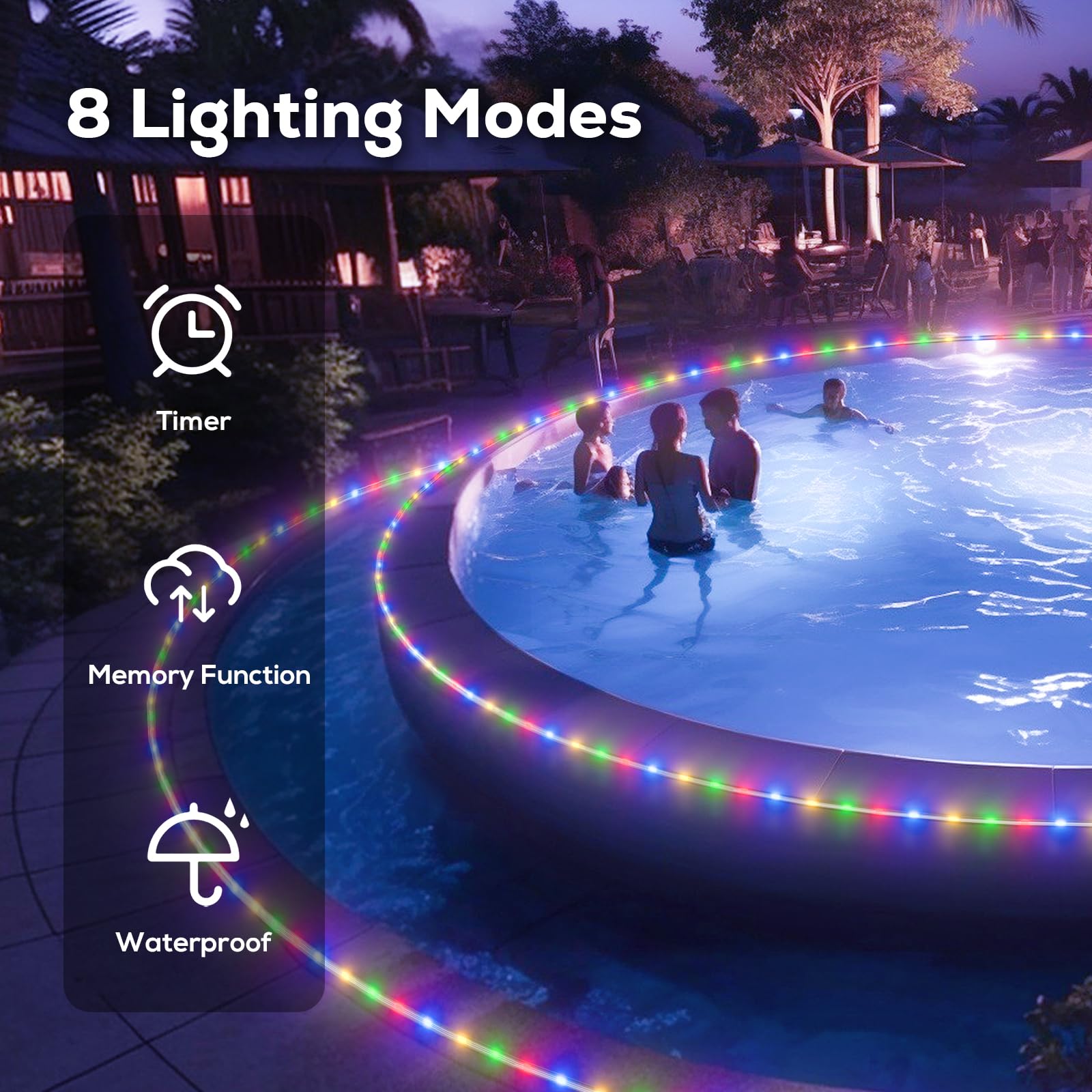 Soiarllt 100FT LED Waterproof Rope Lights with Remote, 8 Modes, Multicolor, Model SLSL012-1