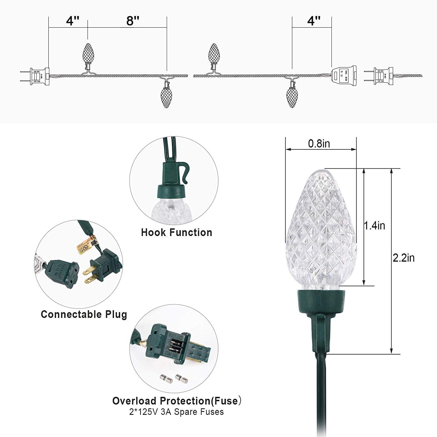 Dewenwils C7 Warm White Christmas Lights, 33.3Ft 50 Led String Lights Waterproof, Indoor/Outdoor Decorations For Xmas Tree, Pati