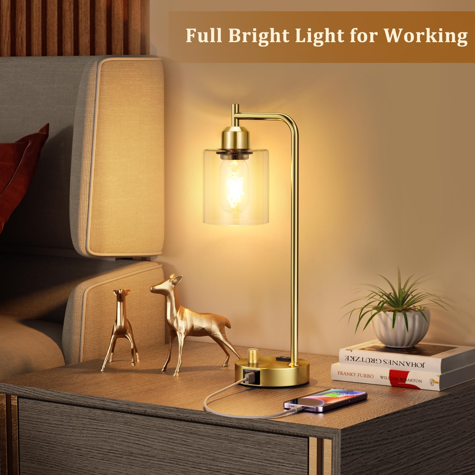 Innqoo Gold Table Lamp For Bedroom - Industrial Bedside Lamp With Usb Port And Outlet, Fully Dimmable Nightstand Lamp With Clear