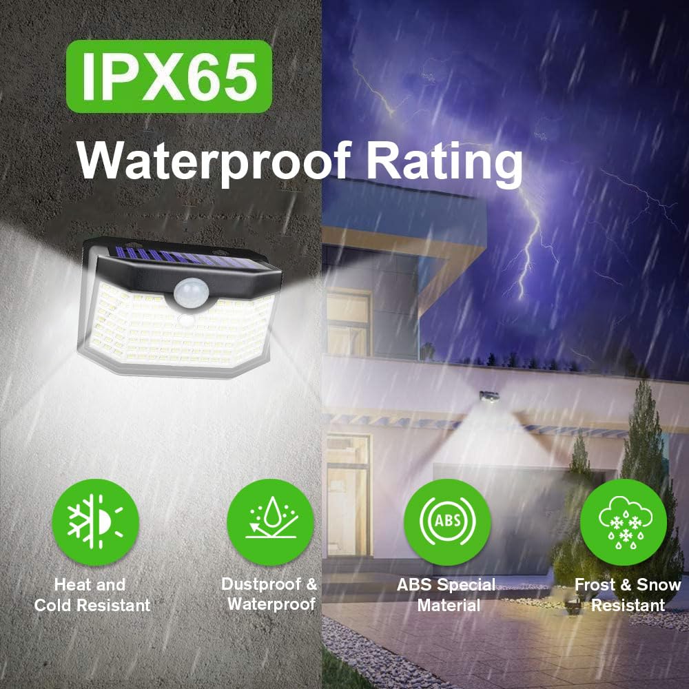 HMCITY 120 LED Outdoor Solar Lights, Motion Sensor, IP65 Waterproof, 4Pack, Daylight White, Model JY2440