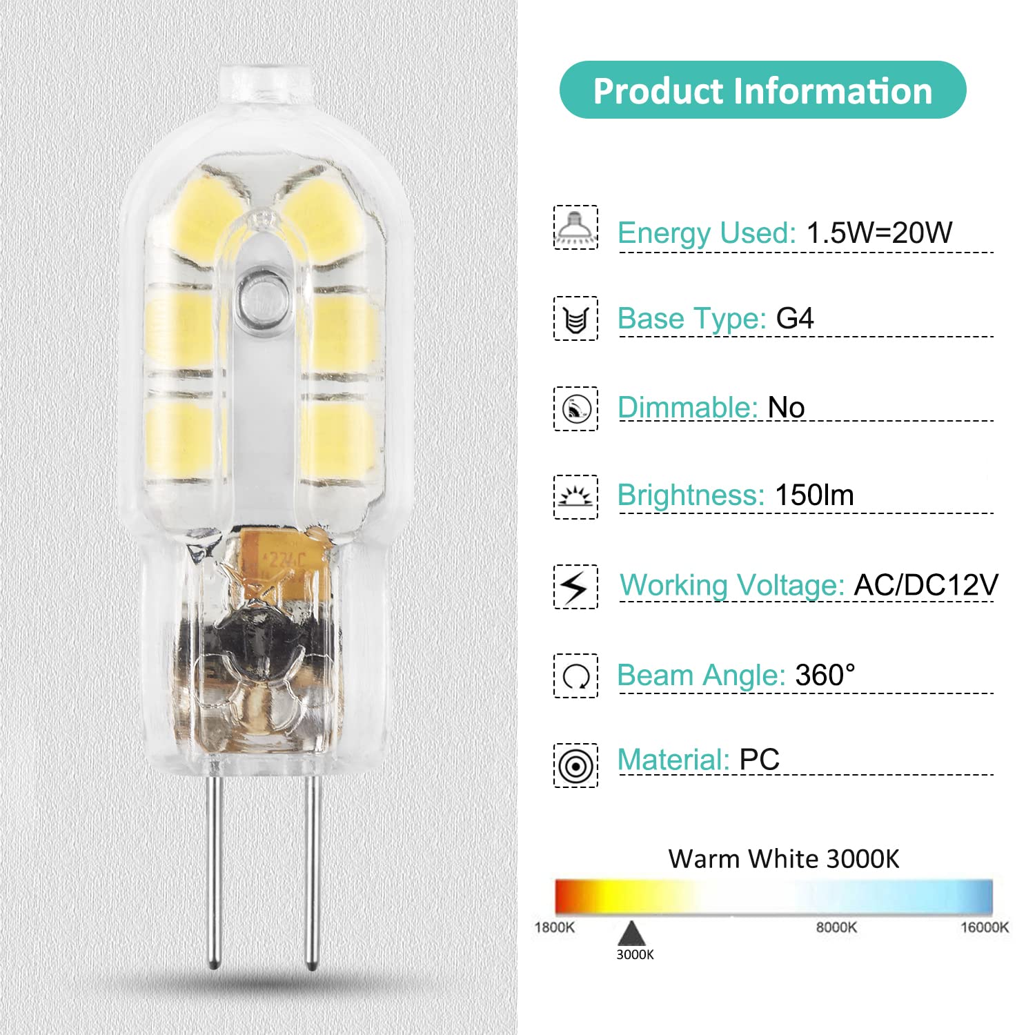 Amazing Power G4 LED Bulb, 12V Bi Pin Replacement, Warm White 3000K, 10-Pack, Plastic