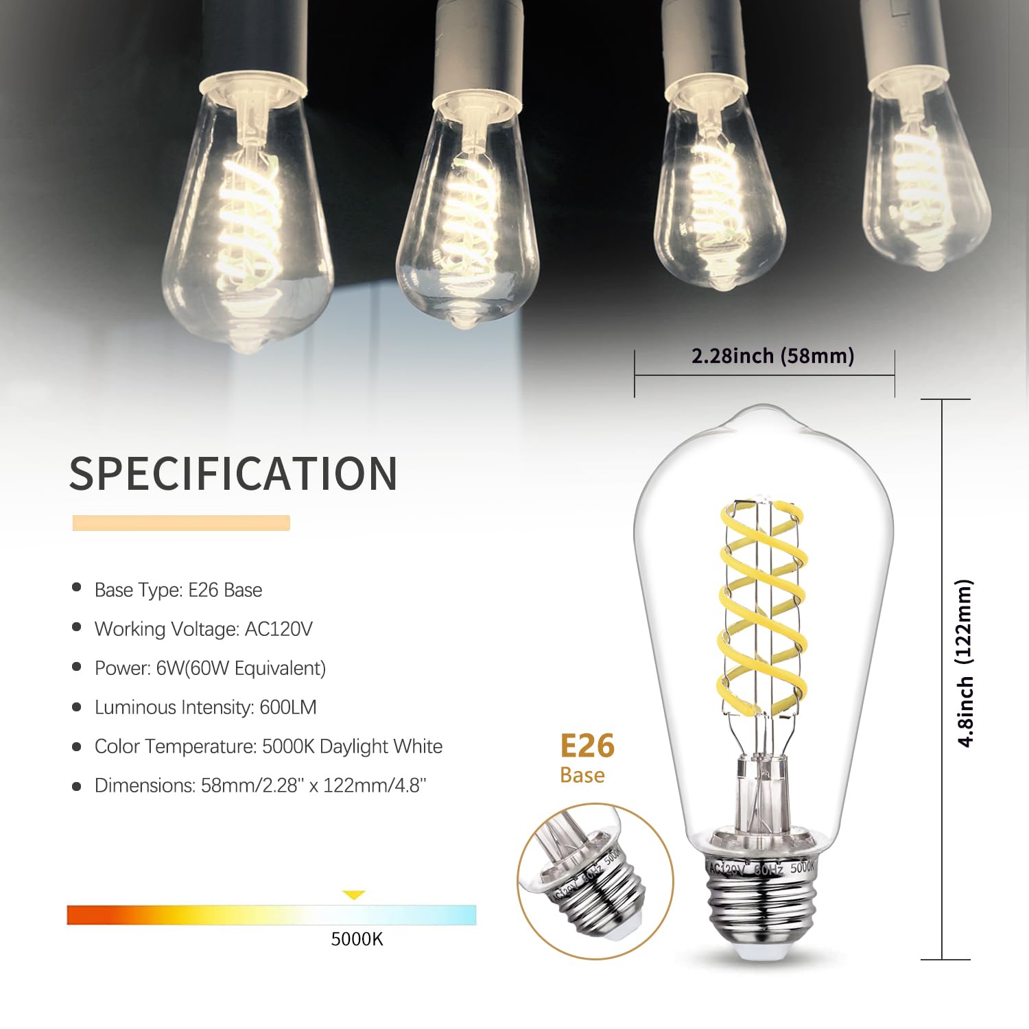 Austin Coast 4 Pcs St58 (St19) Led Edison Bulbs, Dimmable Vintage Antique Led Filament Light Bulbs, 6W Equivalent 60 Watt, Dayli