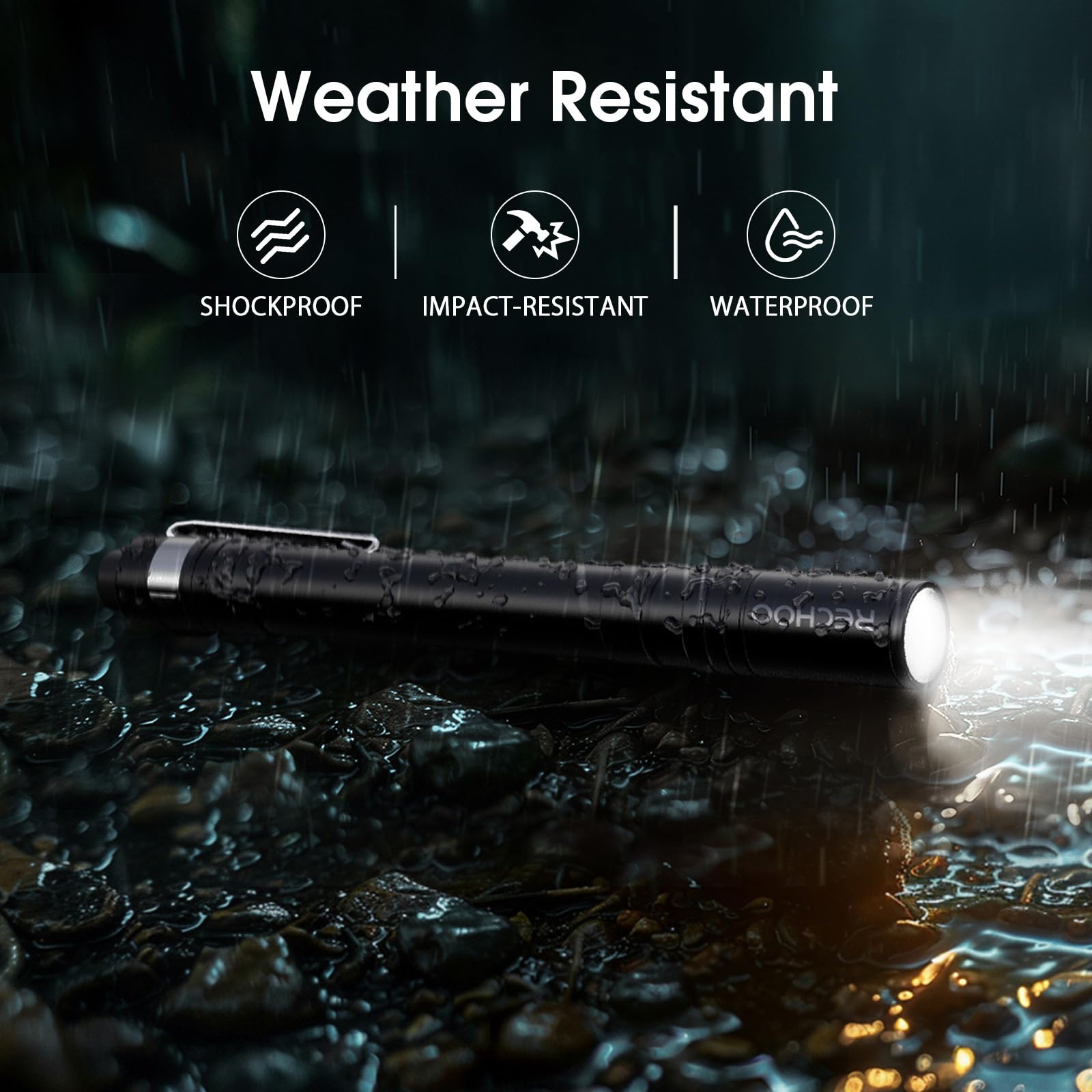 RECHOO LED Pen Light, 4 Pack, Waterproof, Aluminum, Small Size, Black, Model SFL005