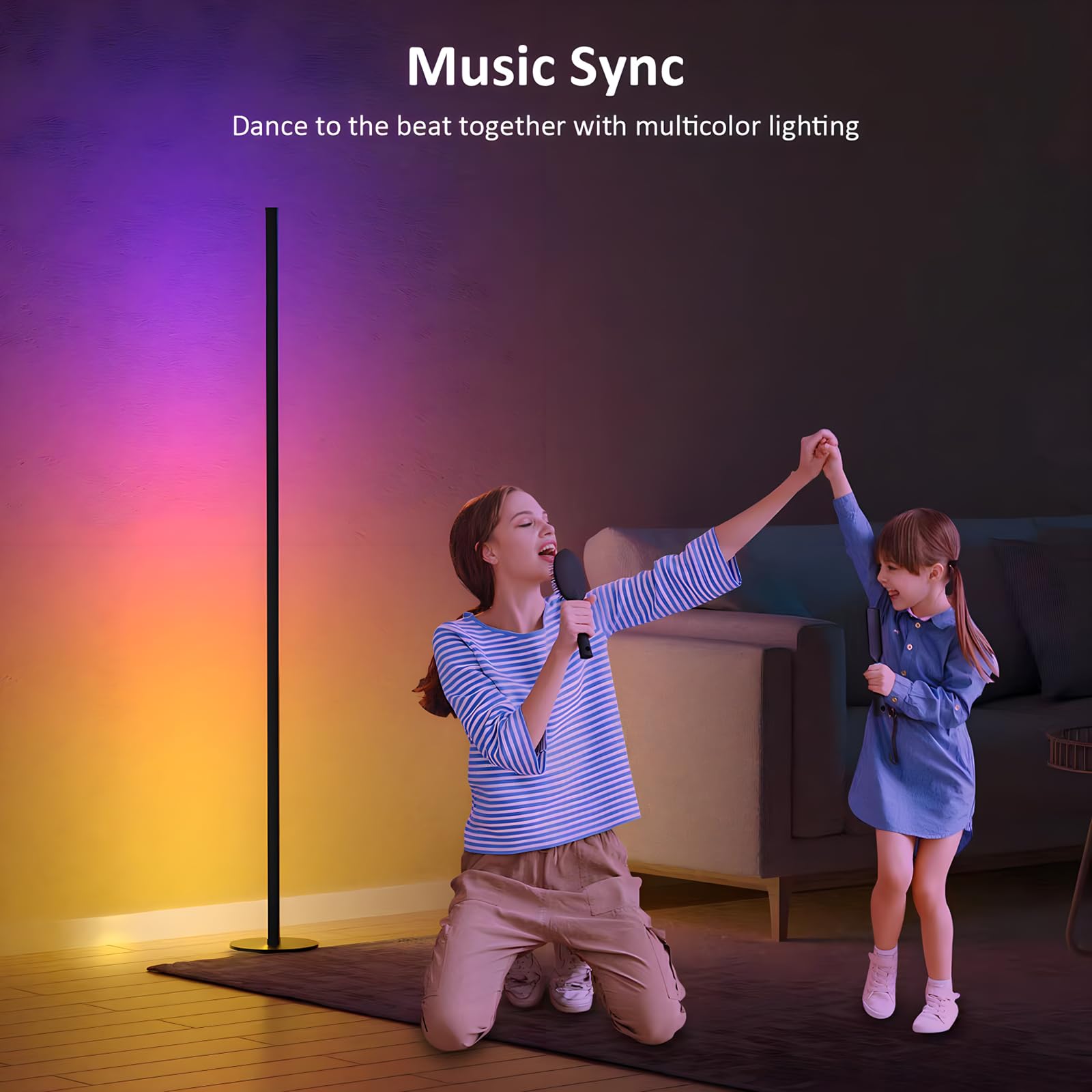 Rgb Corner Floor Lamp 2 Pack, Minimalist Standing Lamp With Remote Control, Music Sync 16 Million Colors, Warm White Ambient Lig