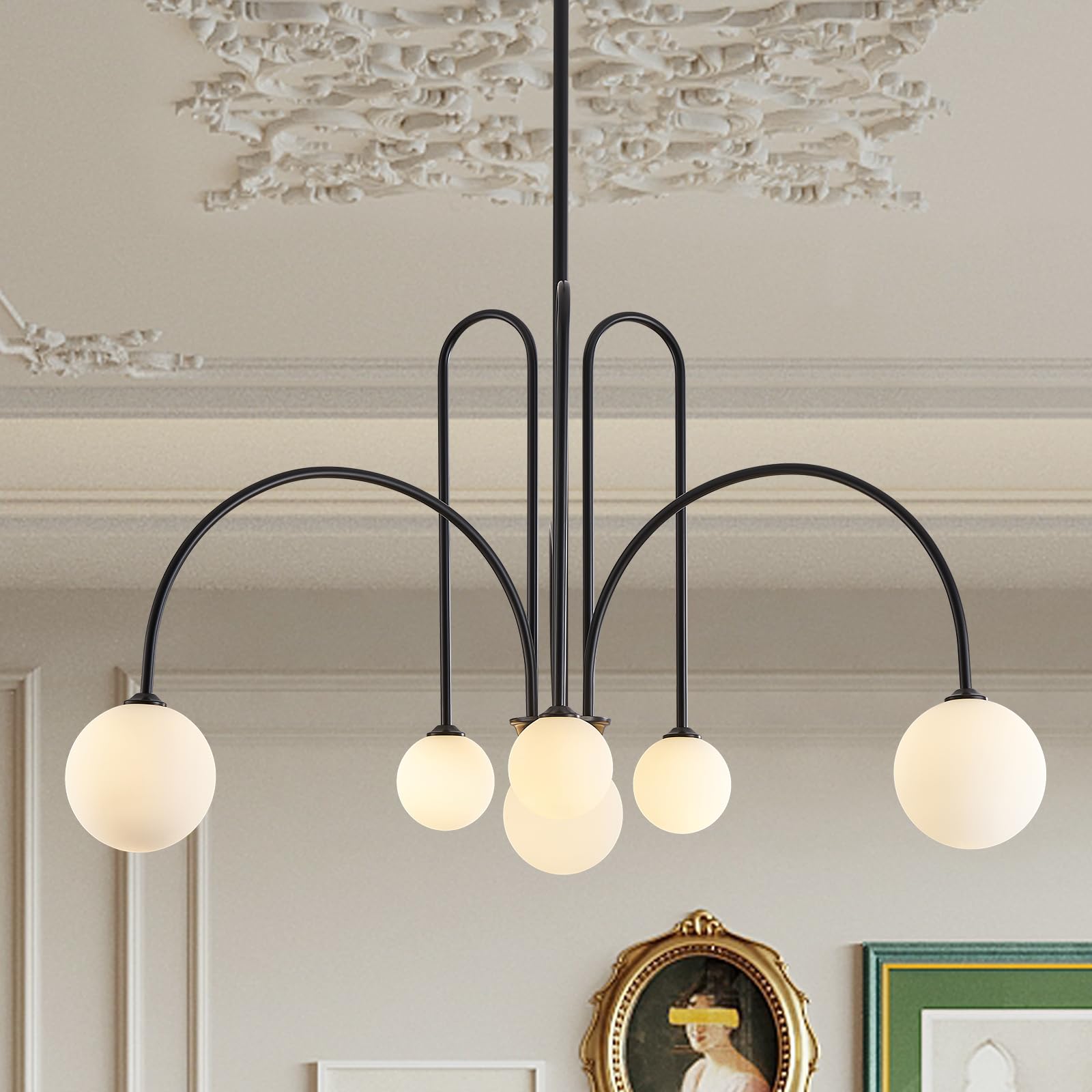 Catiner Modern Black Chandelier 6 Lights Sputnik Chandelier For Dining Room Large L40” Mid Century Ceiling Pendant Light Fixtures With Withe Glass Globe Shades For Foyer Bedroom