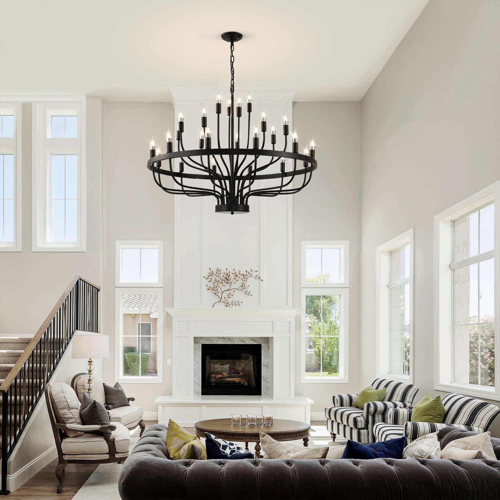 Shandaglo Black 24-Light Modern Farmhouse Chandelier, 39in Round Industrial Candle Wagon Wheel for Dining Room, Foyer, Living Room