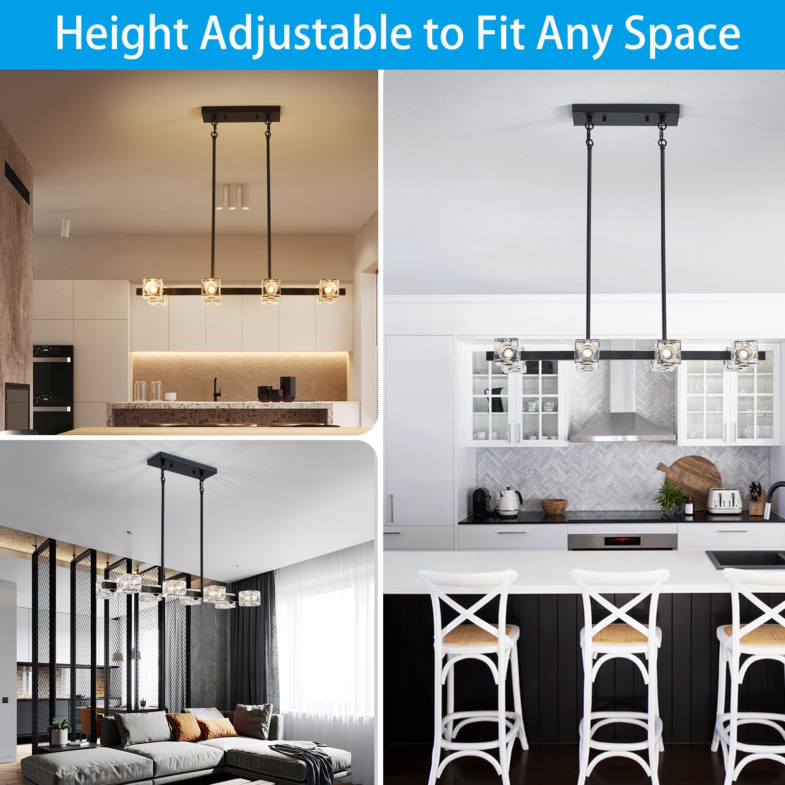 Xingqi Modern Glass Chandeliers For Dining Room Rectangular Black 8-Light Linear Pendant For Lighting Kitchen Island Living Room