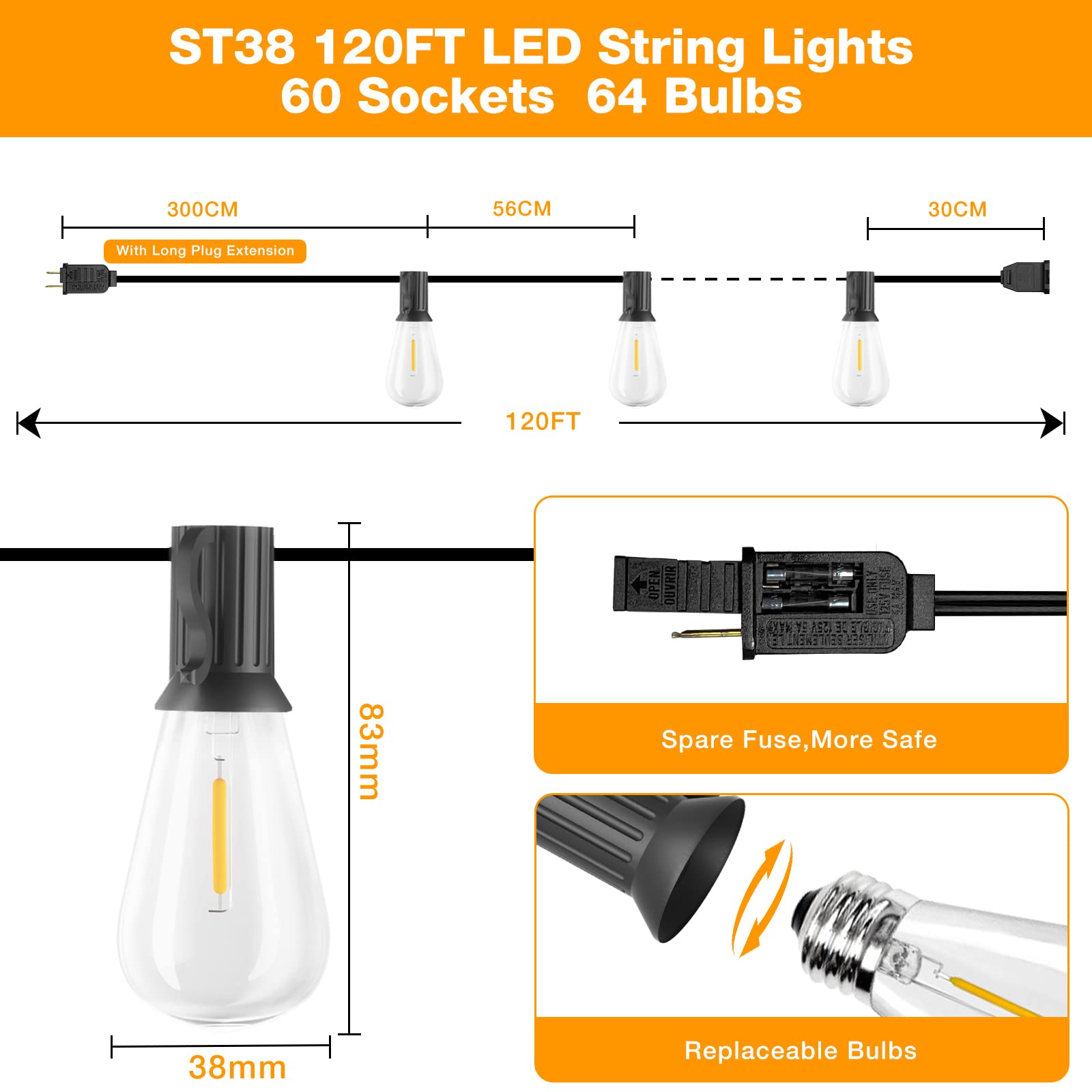 GLUROO 120FT Outdoor String Lights with 60+4 Vintage Bulbs, Waterproof LED, Dimmable, Shatterproof, Black Color