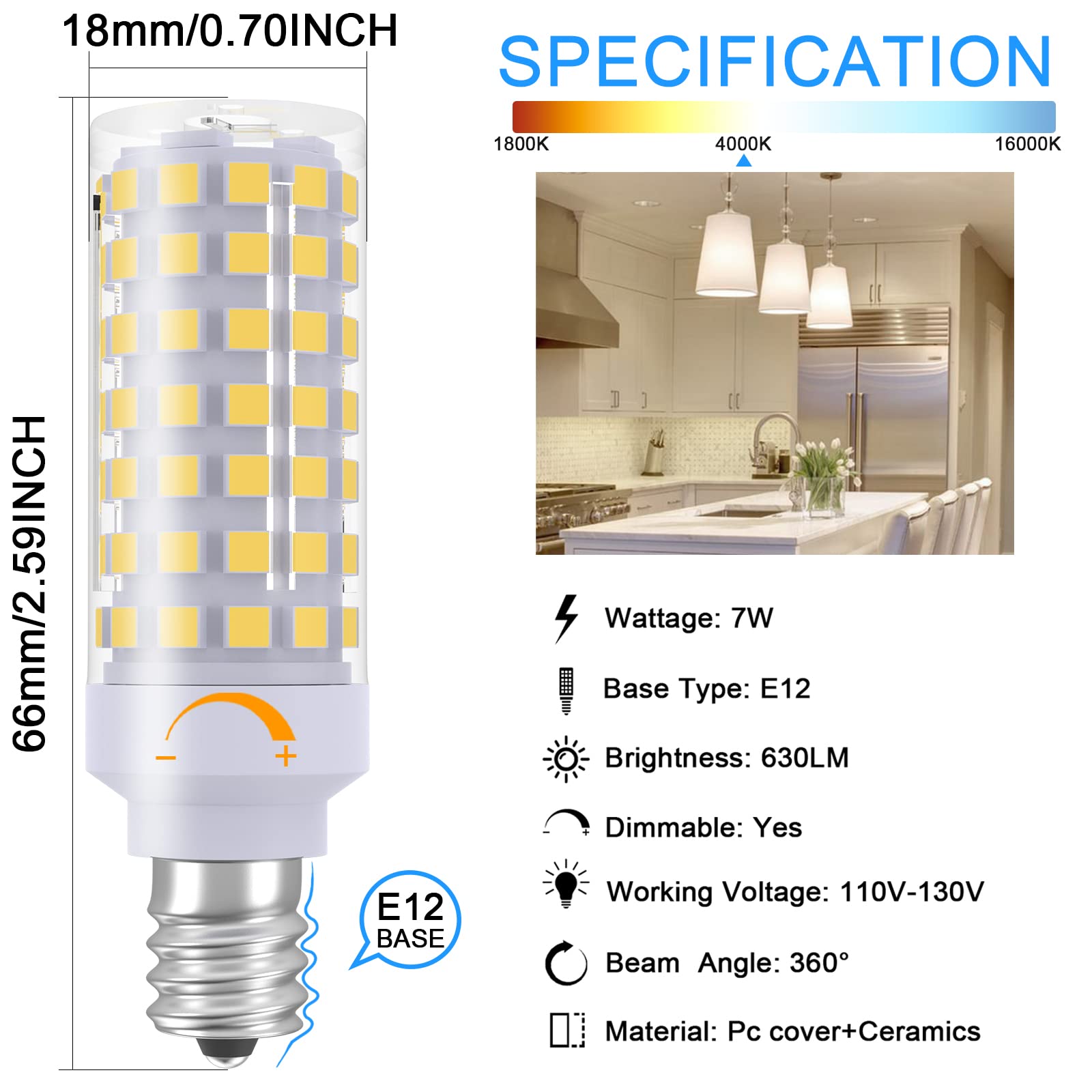 Taiyaloo Dimmable E12 Led Candelabra Bulbs C7, E12 60 Watt Halogen Bulb Equivalent, Natural White 4000K, 120V 630Lm T6 7W E12 Ch