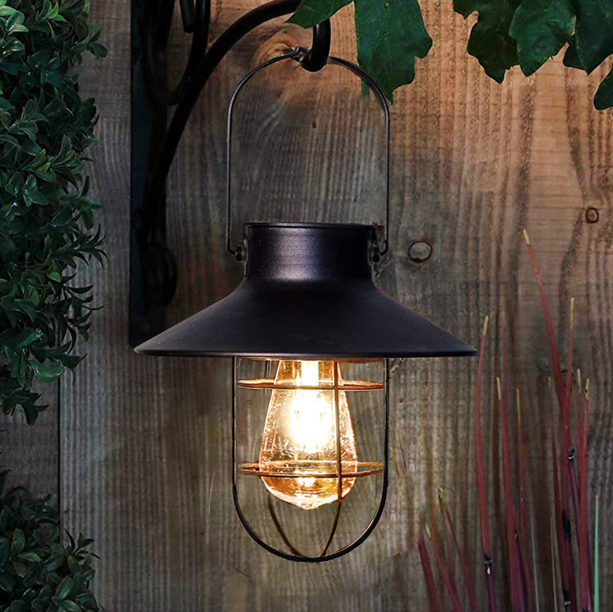Pearlstar Solar Lantern Outdoor Hanging Light Metal Solar Lamp With Warm White Edison Bulb Design For Garden Yard Patio Proch Decor(Black)
