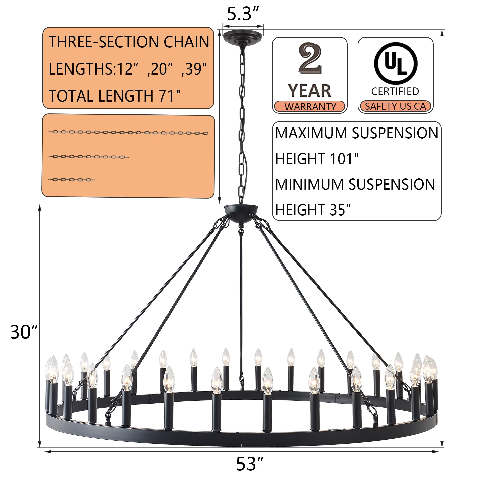 Sarudiir 53&quot; Black Rustic Wagon Wheel Chandelier, 30-Light Fixture For High Ceilings & Dining Room