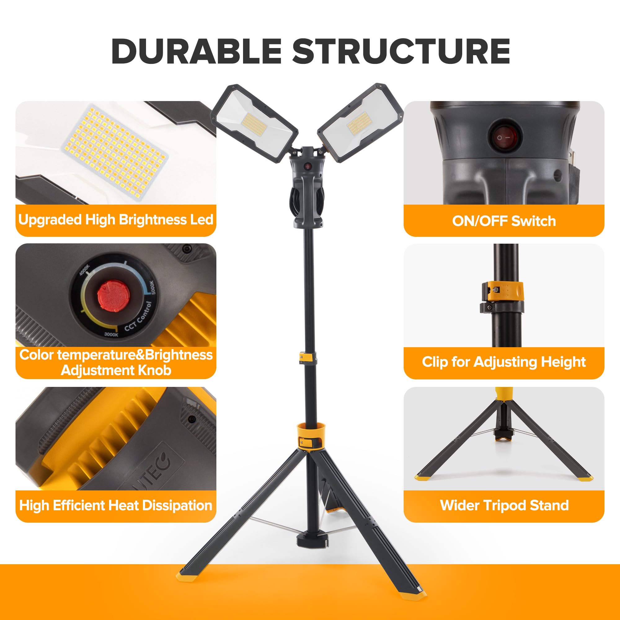LUTEC Peri 6290L 5000 Lumen 38 Watt Dual-Head LED Work Light with Telescoping Tripod, Work Light with Stand Rotating Waterproof