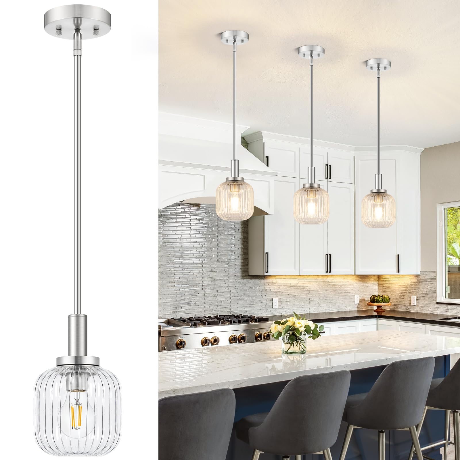 Osimir Brushed Nickel Pendant Lights Kitchen Island  1-Light 5.9 Modern Glass Pendant Light with Clear Glass and Rods  Mini Hanging Lighting for Kitchen Sink Bathroom Bedroom  OS-YQ7749-1PBN