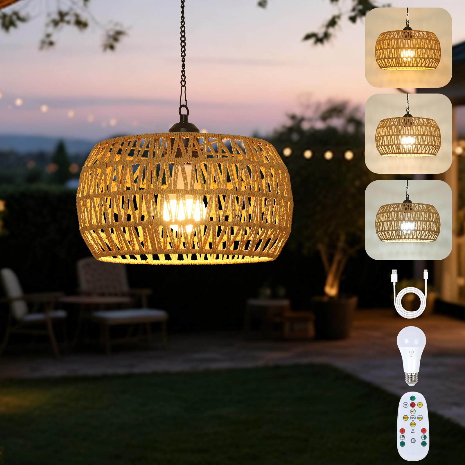 Eayaya Battery Operated Chandelier with Remote, 11.8    Rattan Battery Powered Hanging Light for Porch, Rechargeable Outdoor Cha