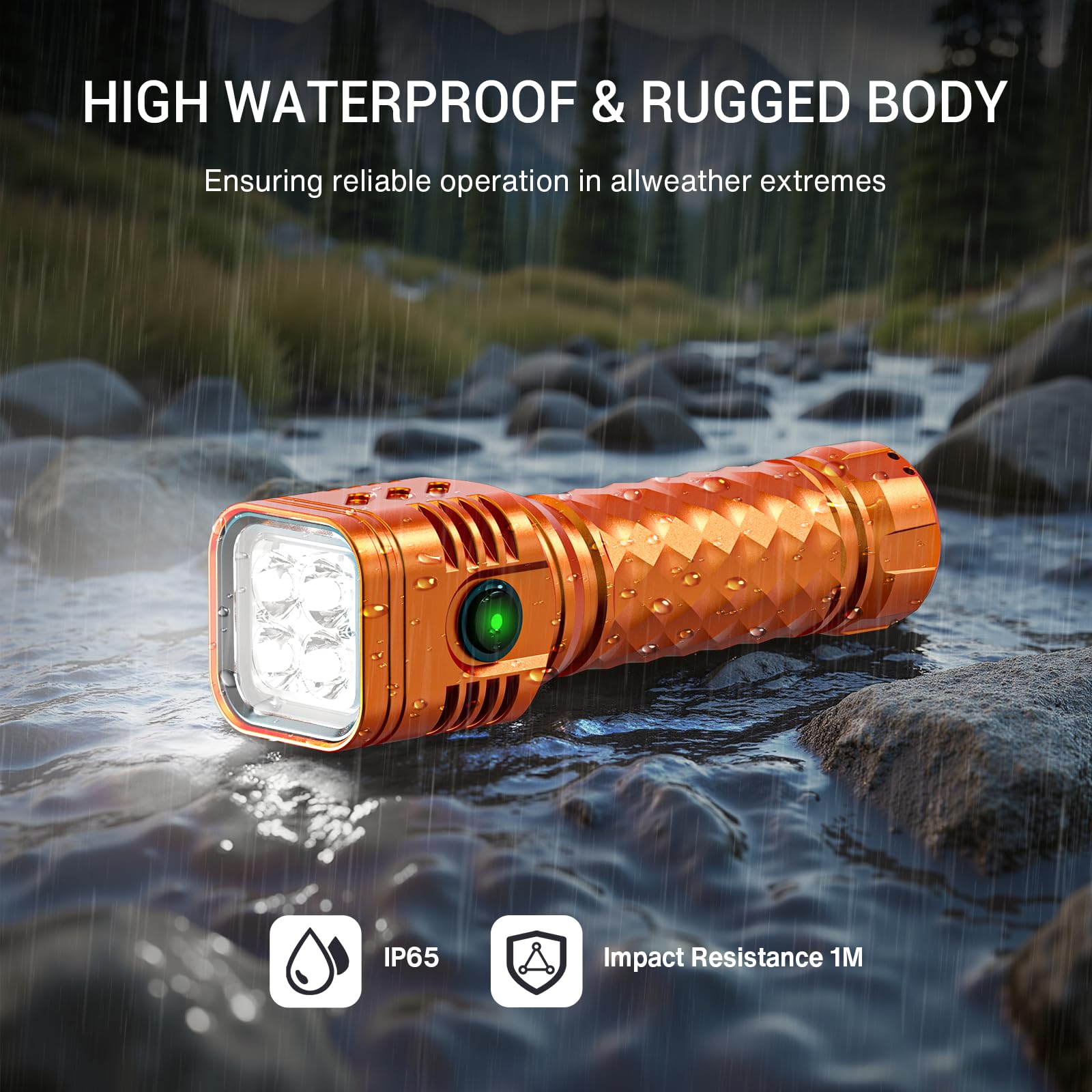 WdtPro Rechargeable LED Flashlight 2000L, Waterproof, Aluminum, Model EX4, Orange, 1 Pack