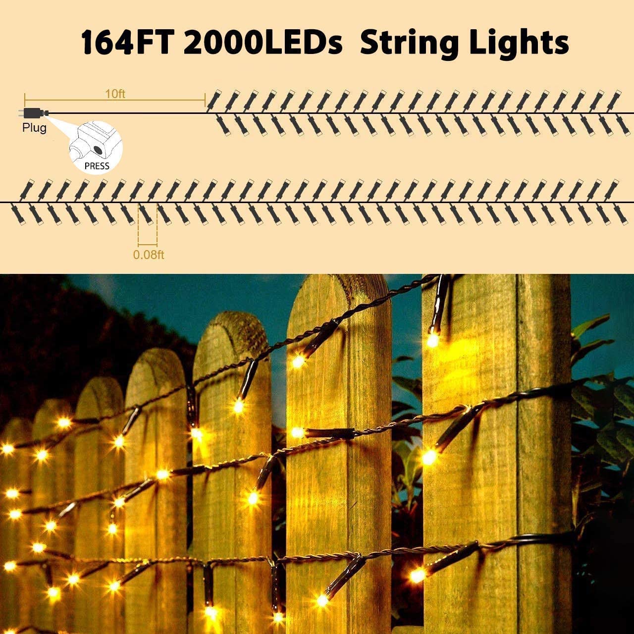 Quntis 164Ft 2000 Led Cluster Christmas Lights - Dark Green Wire Cluster Christmas Tree Lights - 8 Modes Outdoor Waterproof Strands Christmas String Lights For Holiday Wedding Party Decor, Warm White