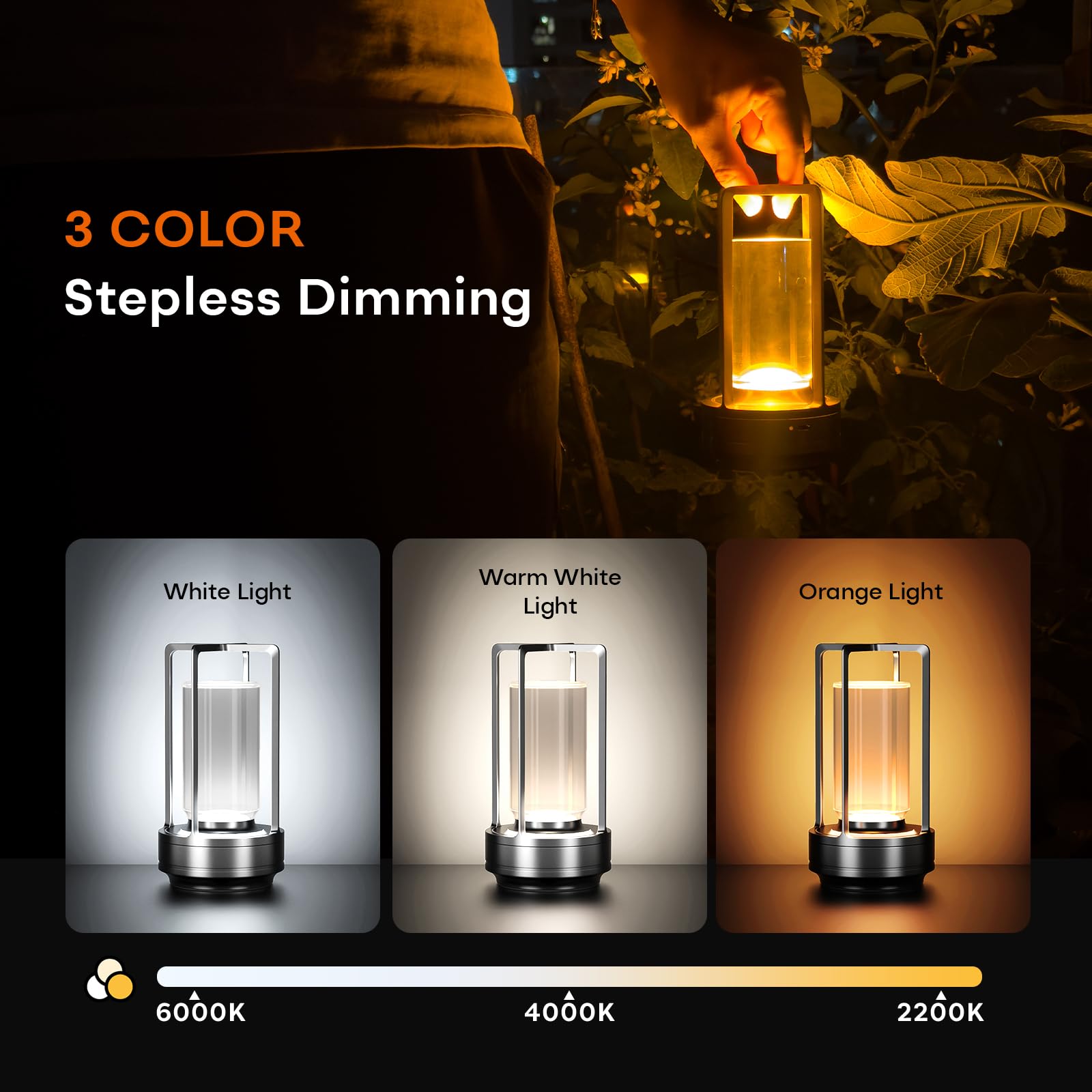 HAPYGI Portable Metal Table Lamp, Rechargeable LED, 3-Colour Dimming, Battery Powered, Grey Set of 2