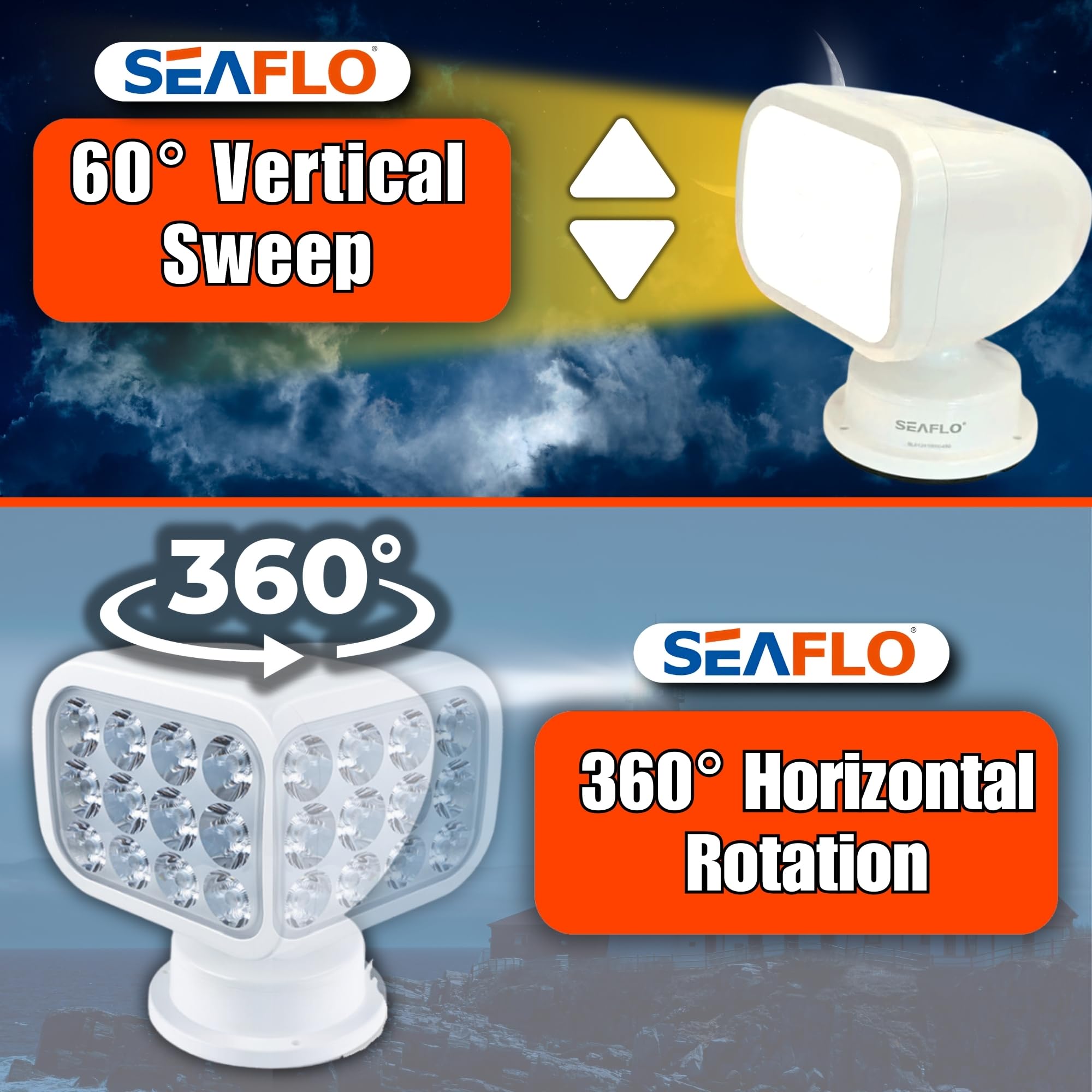 SEAFLO 360° Rotating Remote Control LED Searchlight, IP66 Waterproof, 5500K White Light, Wired Remote, Model SFSL-2700W-01W