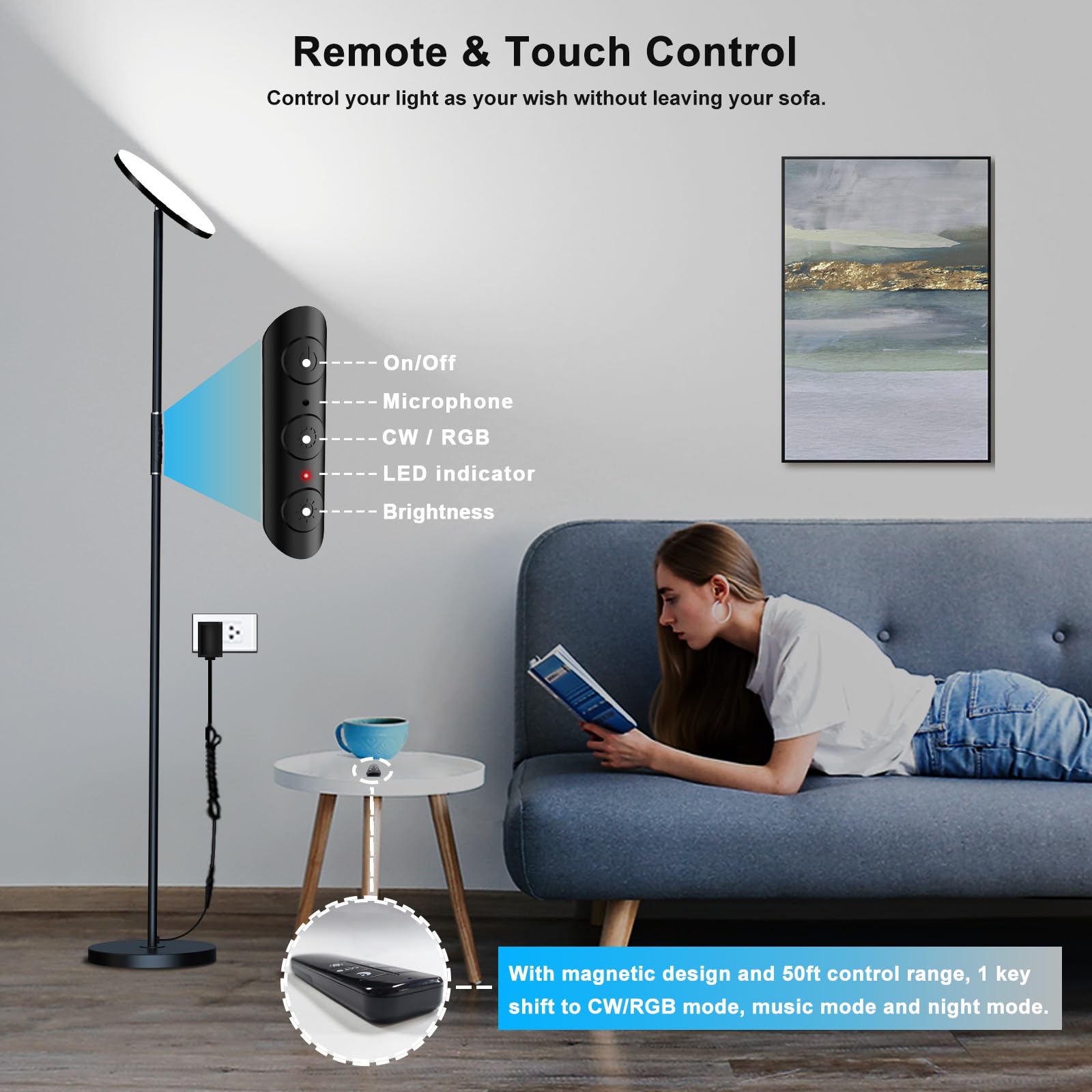 Yikuneng Led Floor Lamp 36W Rgb, Remote & Touch Control, Dimmable 2700K-6500K,