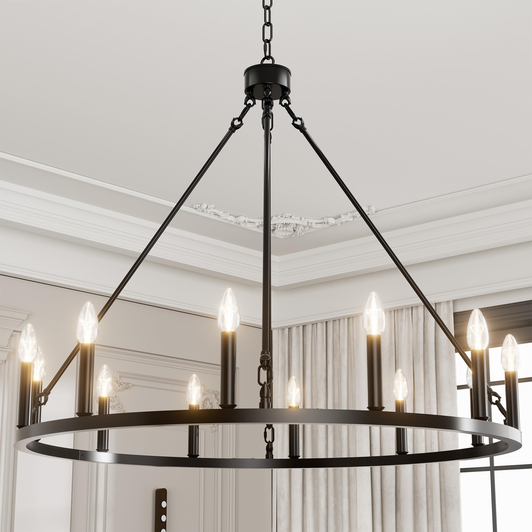 Baoure 38 Inch Black Wagon Wheel Chandelier, 12-Light Farmhouse Industrial Round Wagon Wheel Chandelier For Outdoor Porch Living Room Hallway Foyer