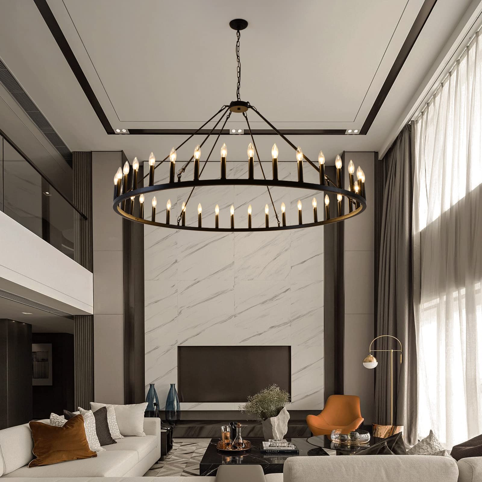 Wogon Weel 36-Light Wagon Wheel Chandelier, 60-Inch Rustic Pendant Lighting For High Ceilings