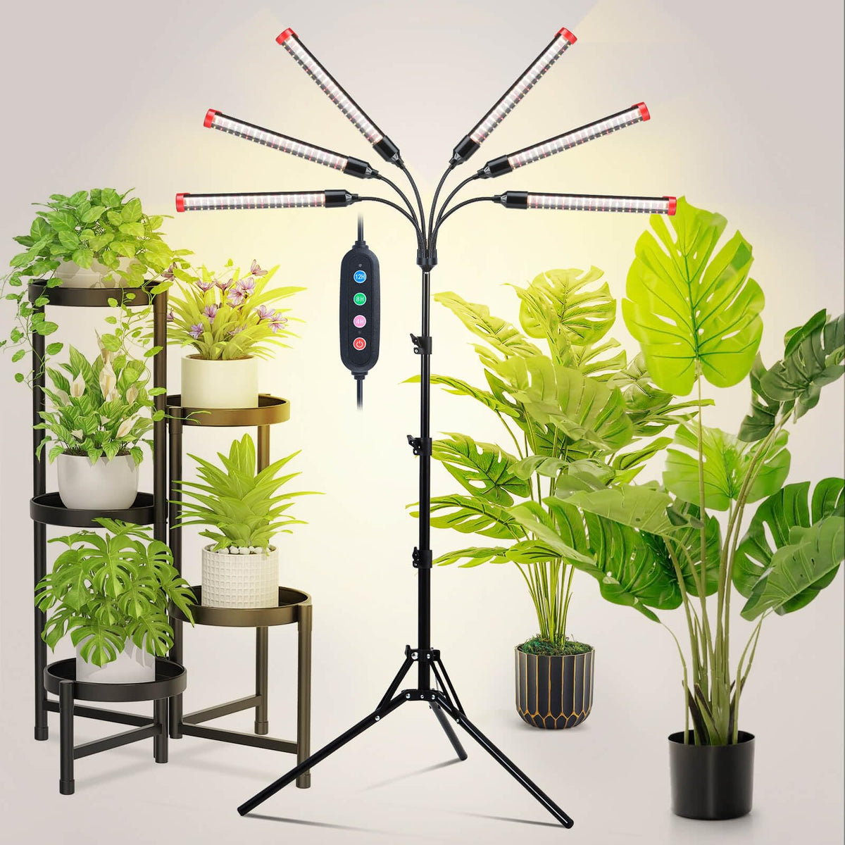 tripod plant stand indoor JINHONGTO 54W Grow Light for Indoor Plants, Adjustable Tripod 24"-64", Full Spectrum with Timer, Black