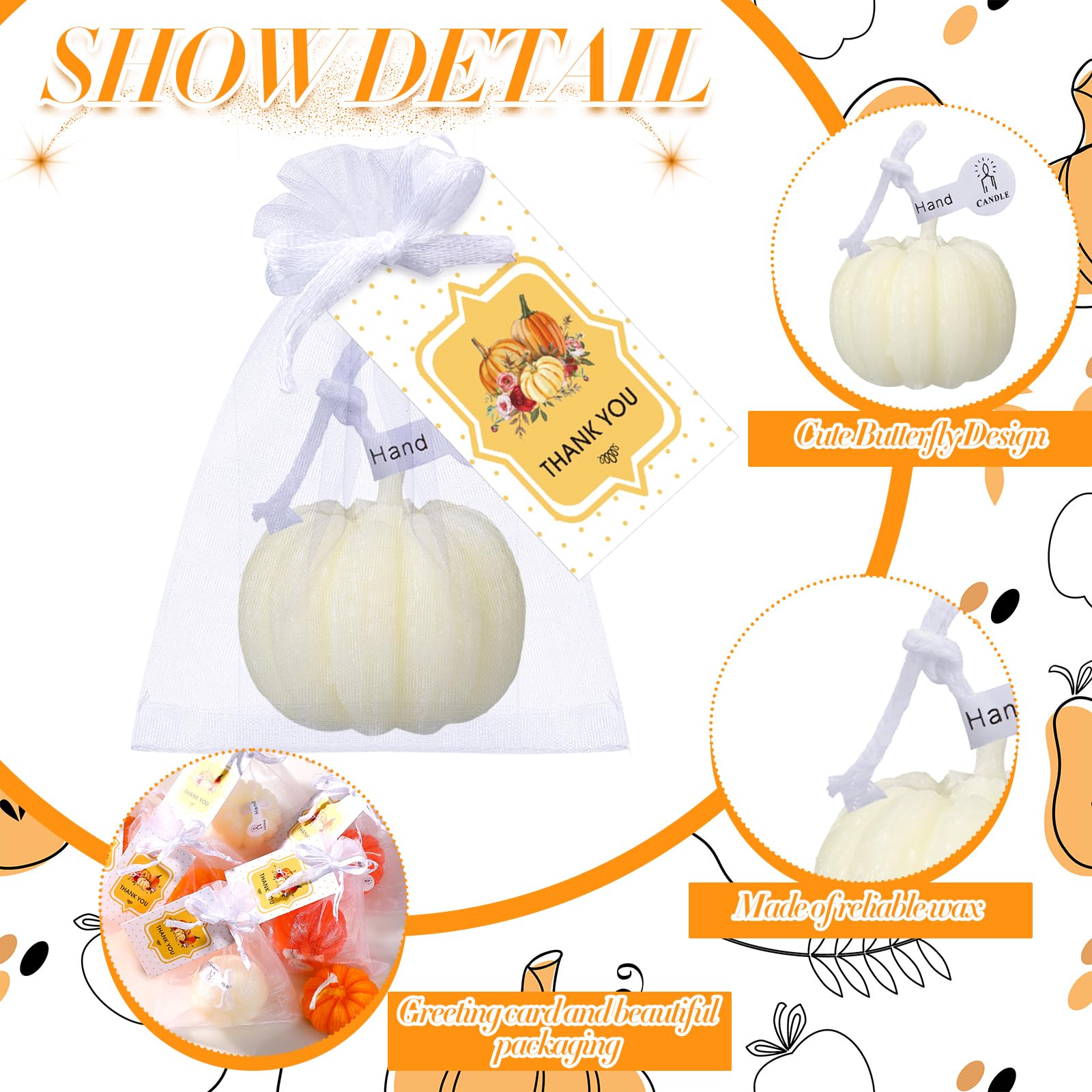 Treela Pumpkin Candles - 24 Sets Tealight for Fall Baby Shower, Thanksgiving, Classic Colors, Wax and Organza