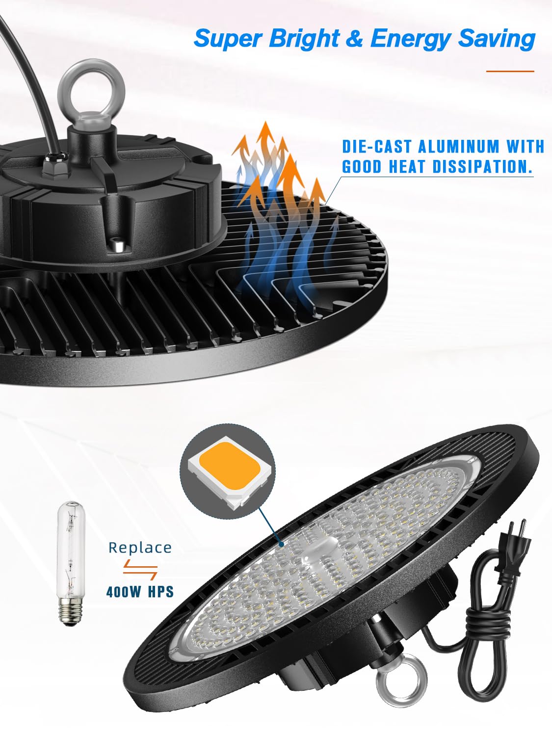 ELEKICO UFO High Bay Light 150W 5000K Daylight - 21000Lm Shop Lights, 6 Pack for Garage, Warehouse, Workshop, Factory, Barn