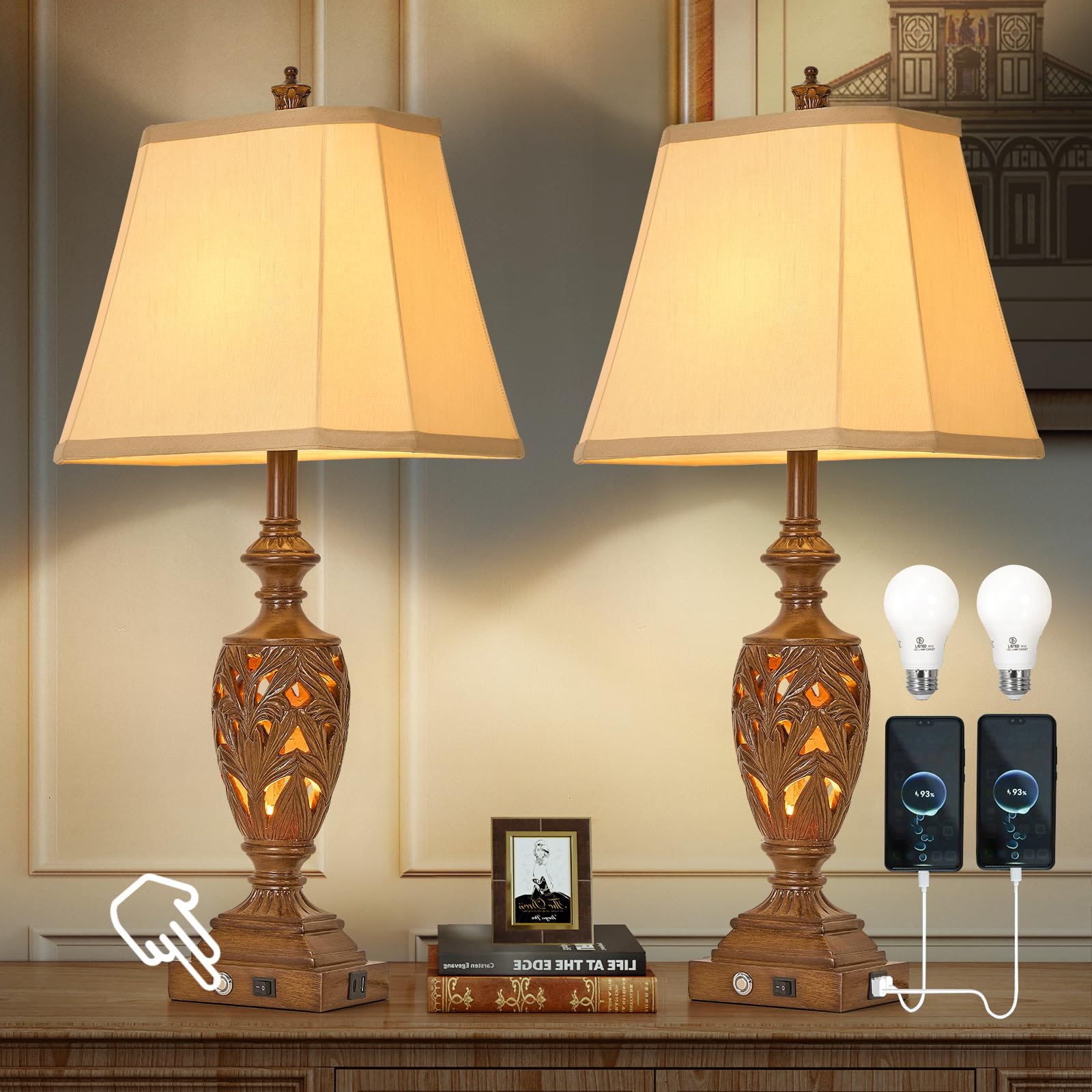 29.5''H Touch Control Traditional Table Lamp with Dual USB Ports, Set of 2, 3-Way Dimmable Hollow Out Leafwork Bronze Wood Finis