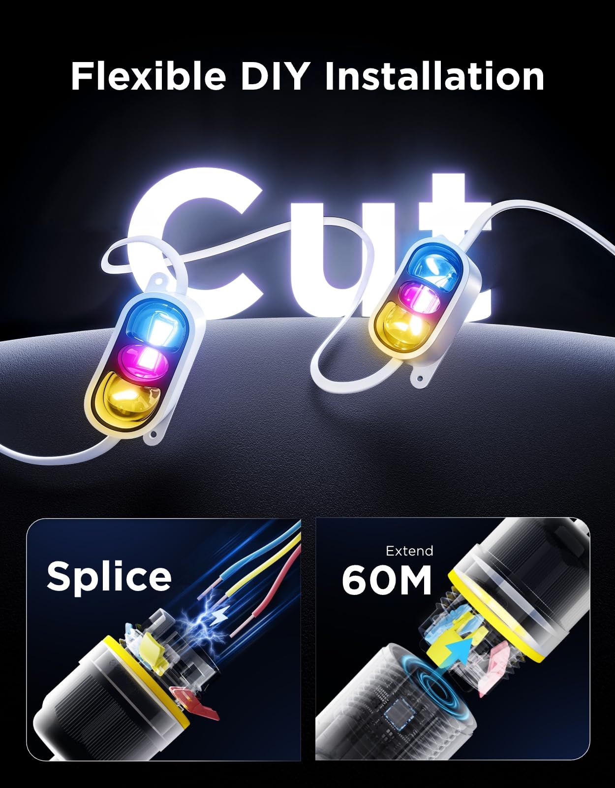Govee Outdoor Lights Prism, 100ft, 36 Triple-Color Heads, IP68 Waterproof, Works with Alexa & Google Assistant, White, Model H707A
