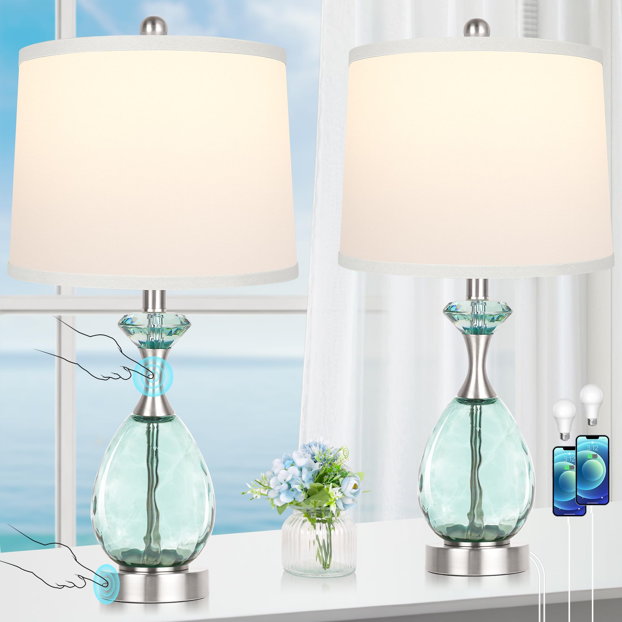 26'' Coastal Glass Table Lamps Set of 2, 3-Way Dimmable Touch Control Blue Nautical Lamp with USB A+C Ports,Bedside Lamps Beach 