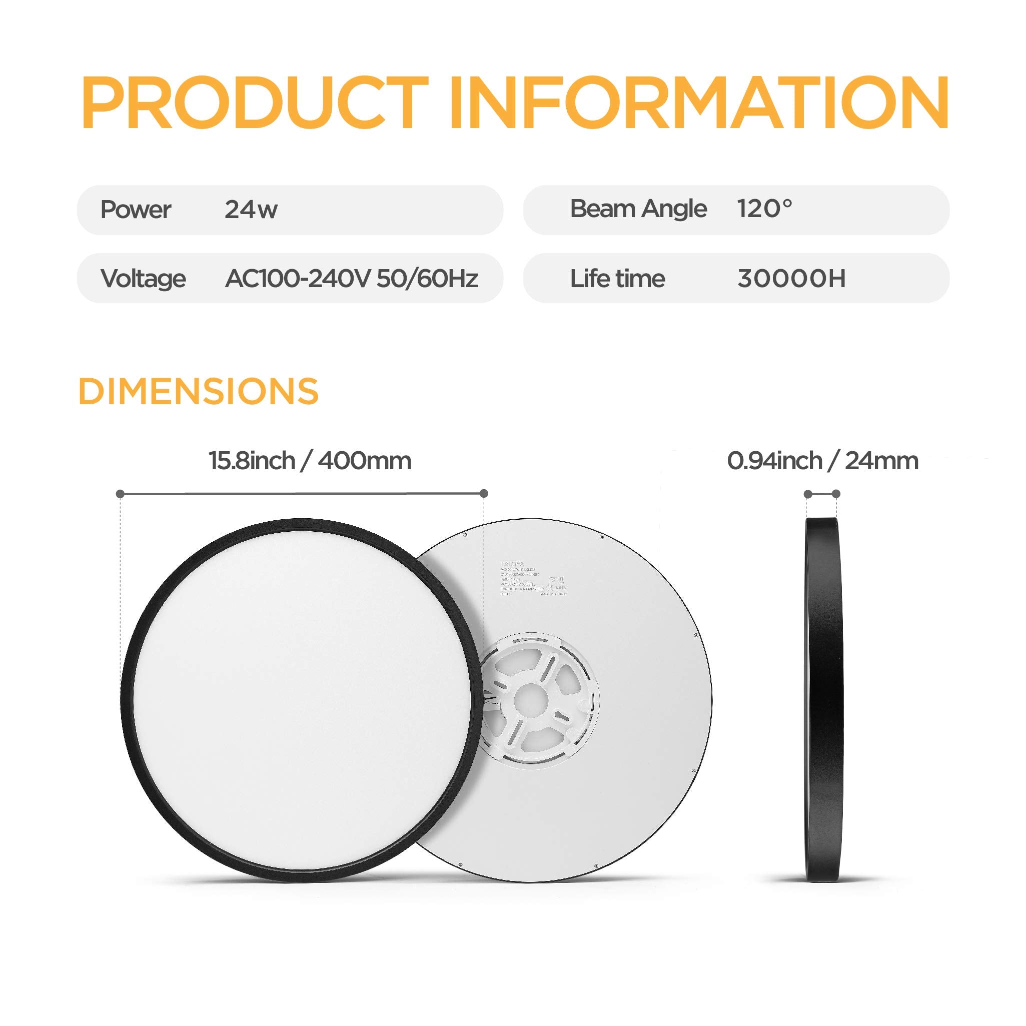 TALOYA LED Ceiling Light Fixture, 15.8 Inch, Black, 3 Color Temperatures (3000K/4000K/6000K), Model MOON-C2