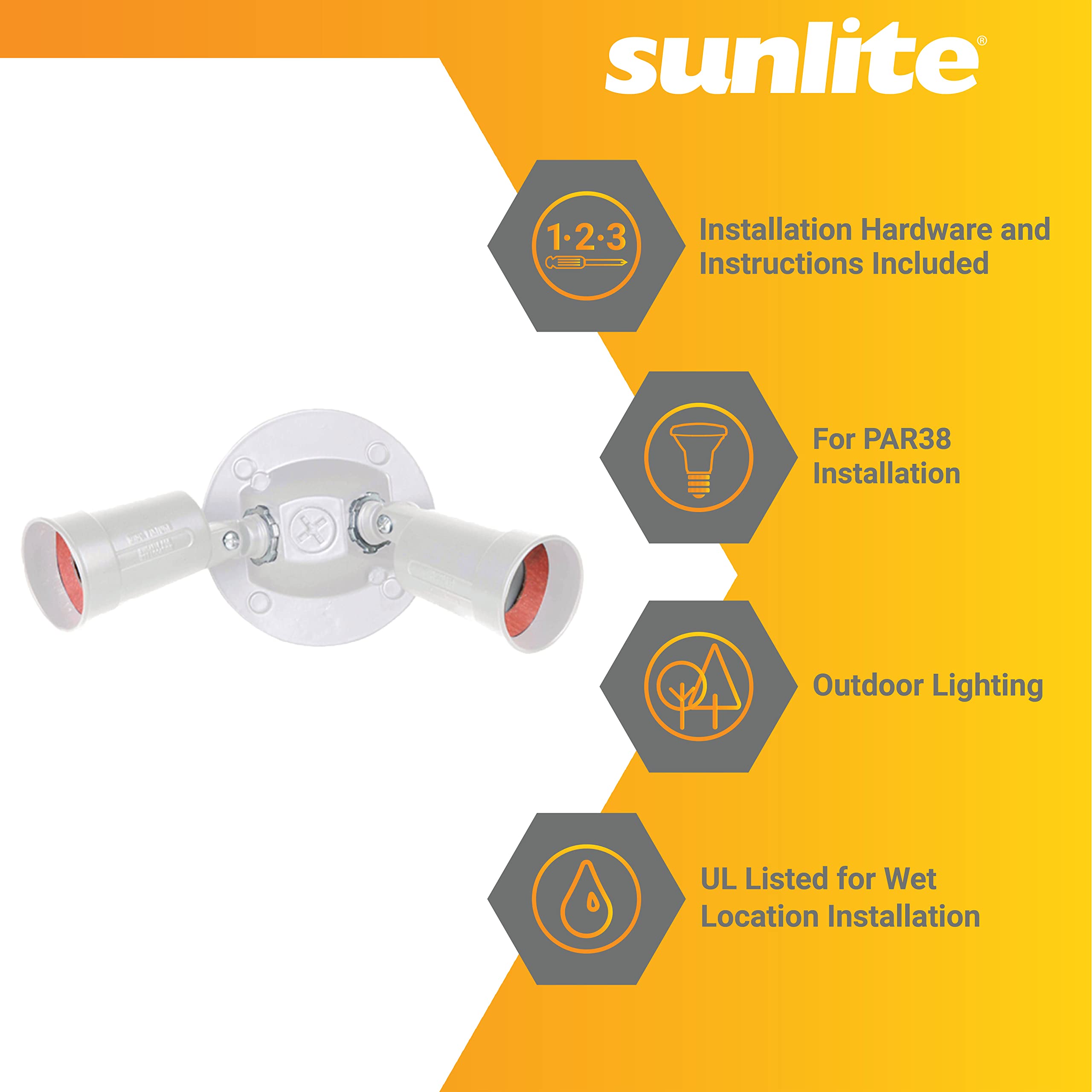 Sunlite Two Lamp Wall Mount Floodlight Fixture, 60W Max, 8.5-Inch, White, Model PL2H/WH, Outdoor, UL Listed