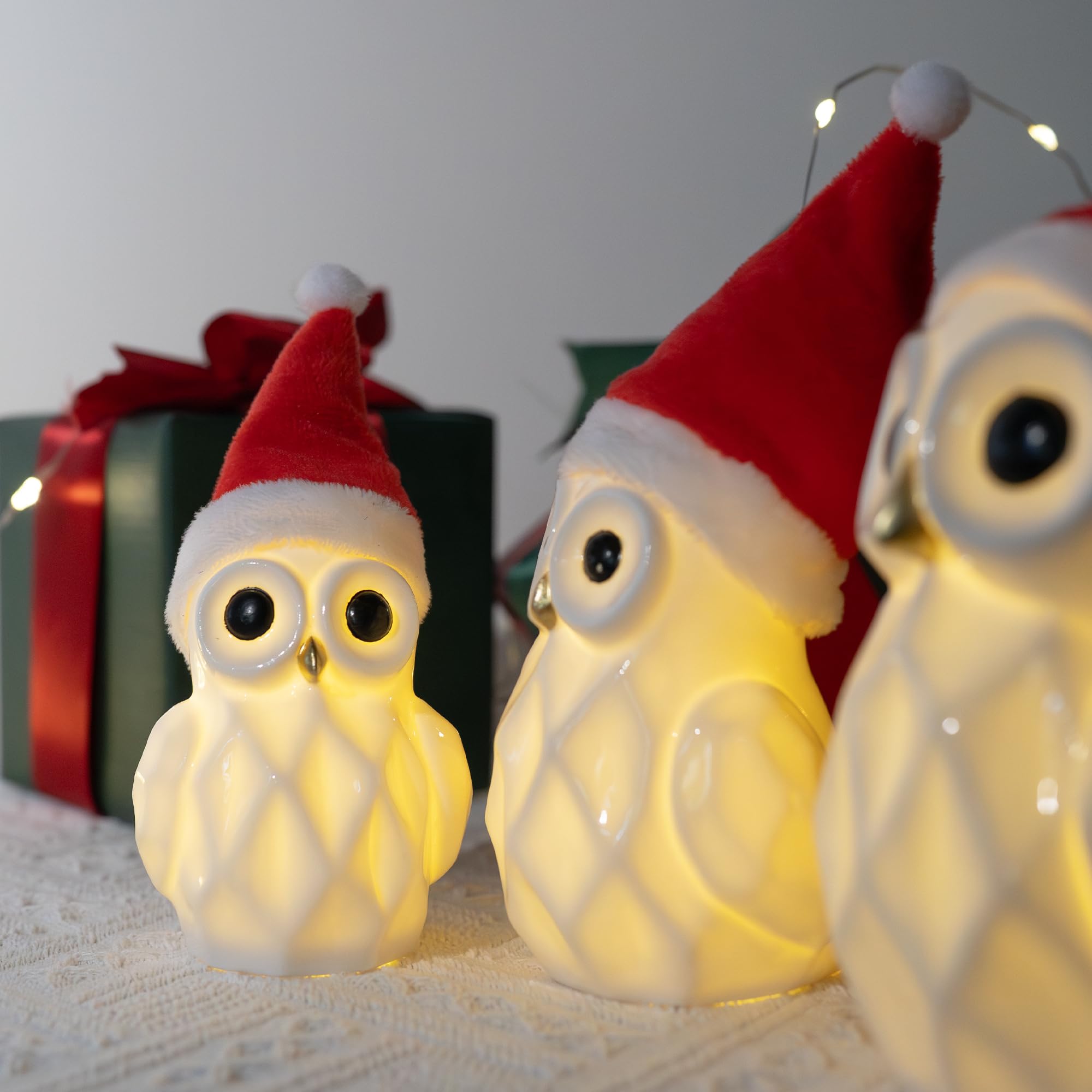 Nerosun Christmas Lighted Owl Figurines  3 Pack Ceramic White Light Up Led Owl Family Ornaments Table Centerpiece  Christmas Decorations For Tabletop Mantel Fireplace Cabinet Indoor Xmas Decor Gift