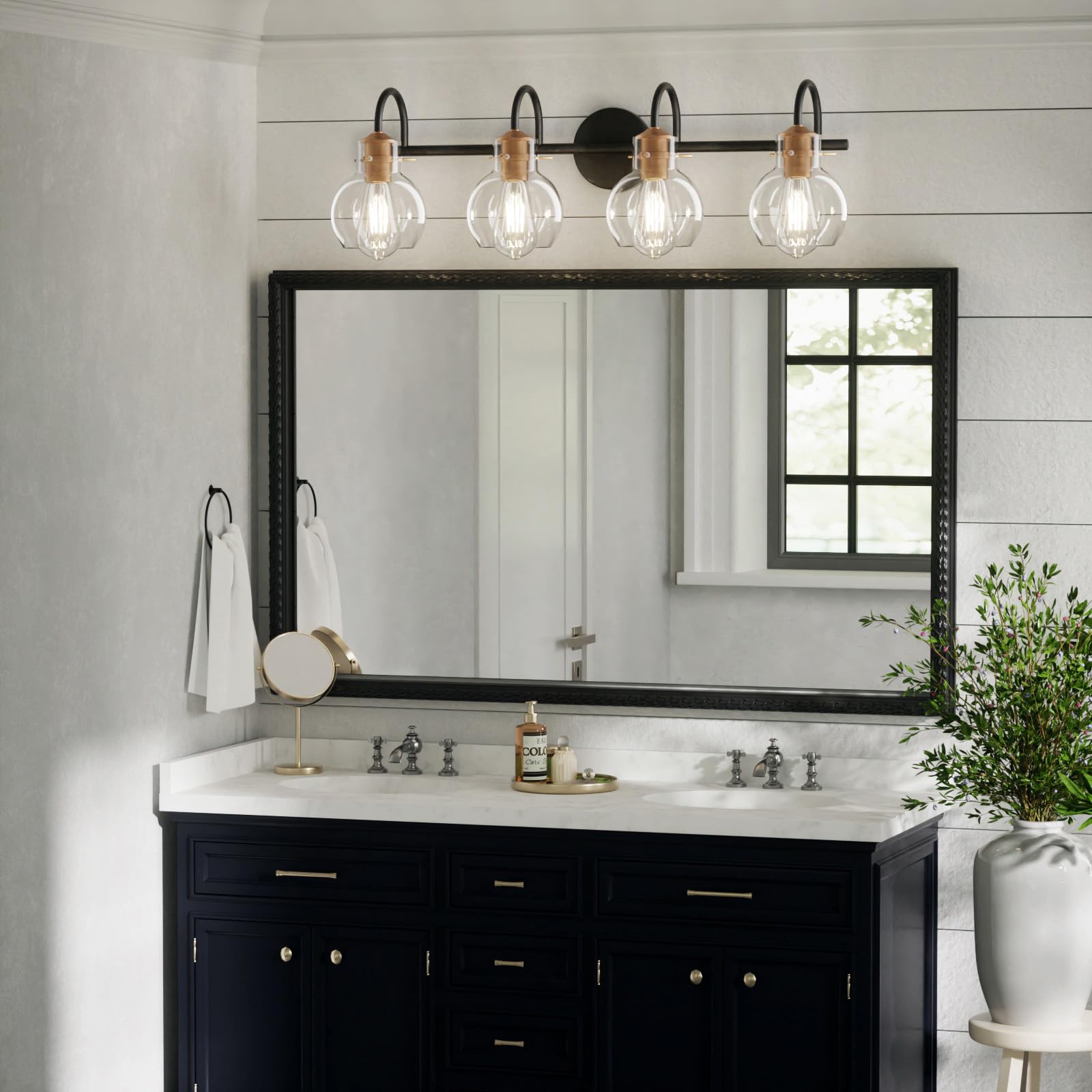 Primeplus 4 Light Bathroom Light Light, Black And Red Copper Bathroom Vanity Fixtures Over Mirror, Modern Copper Vanity Light With Clear Glass Shade, Black Wall Sconce For Bathroom, Bedroom