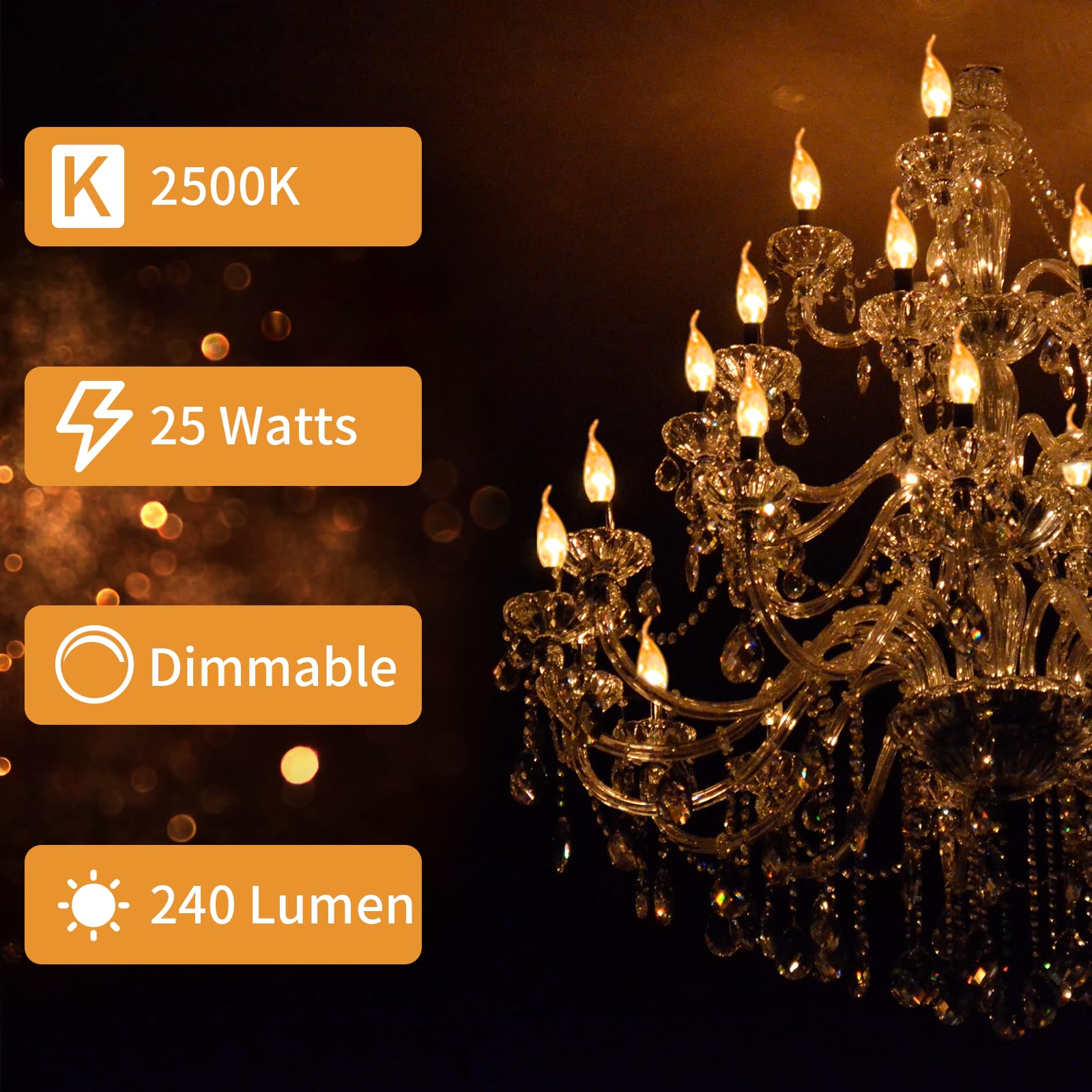 COLWATT E12 Candle Light Bulbs 25W Warm White 2500K, 240 Lumen, Dimmable, Clear Glass, 12-Pack, Model 320102-25