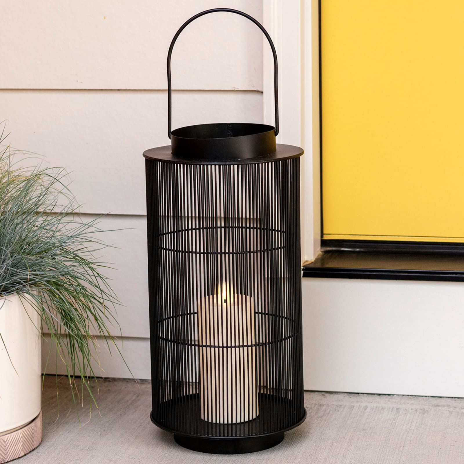 LampLust Outdoor Lantern - 16 Inch Black Metal Candle Lantern, Battery Operated LED with Timer, Waterproof, Modern Farmhouse Decor