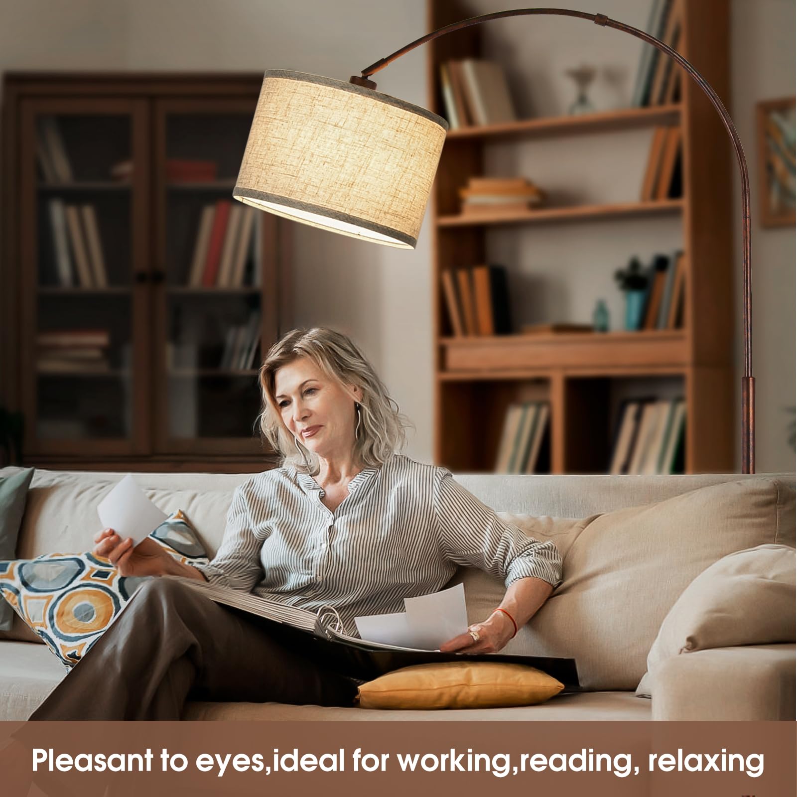 Dimmable Arc Floor Lamps For Living Room, Mid Century Floor Lamp, Antique Bronze Standing Lamp With Adjustable Hanging Shade, Ta