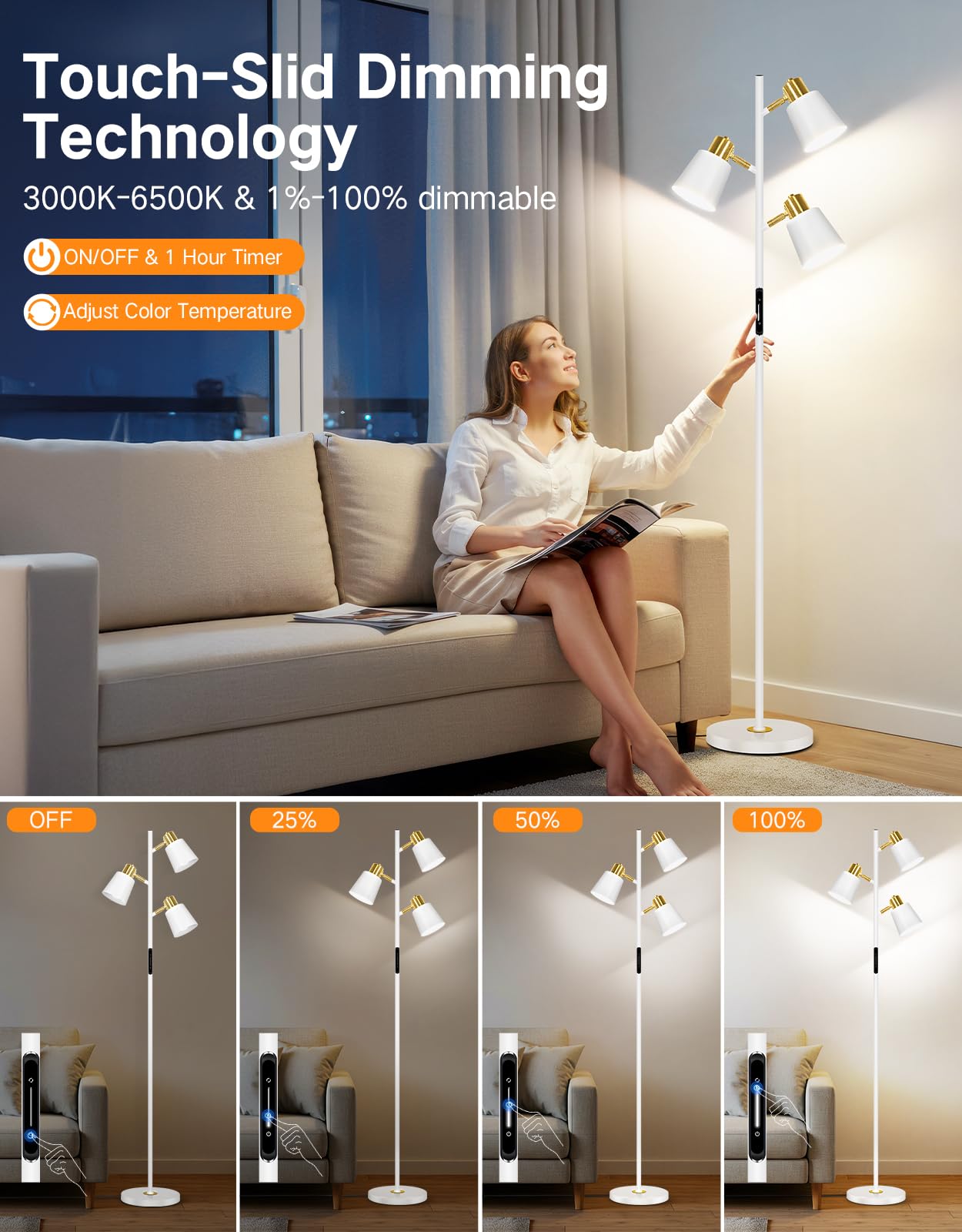 OUTON LED Floor Lamp, Modern Dimmable Standing Lamp with Remote, 4 Color Temperatures, White & Gold