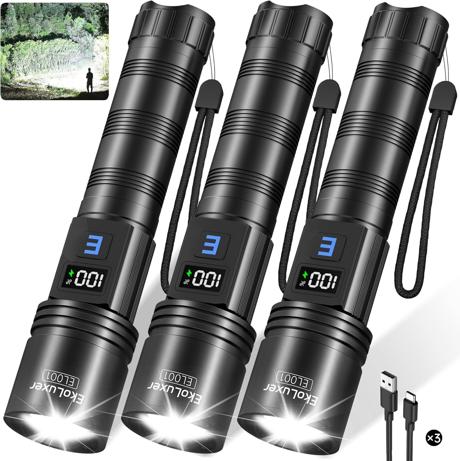Tughlax 3Pack Rechargeable Flashlights High Lumens  Super Bright Flashlight with LCD Digital Display  5Modes Adjustable LED Flashlight Tactical Flashlights High Powered  Flash Lights for Emergency