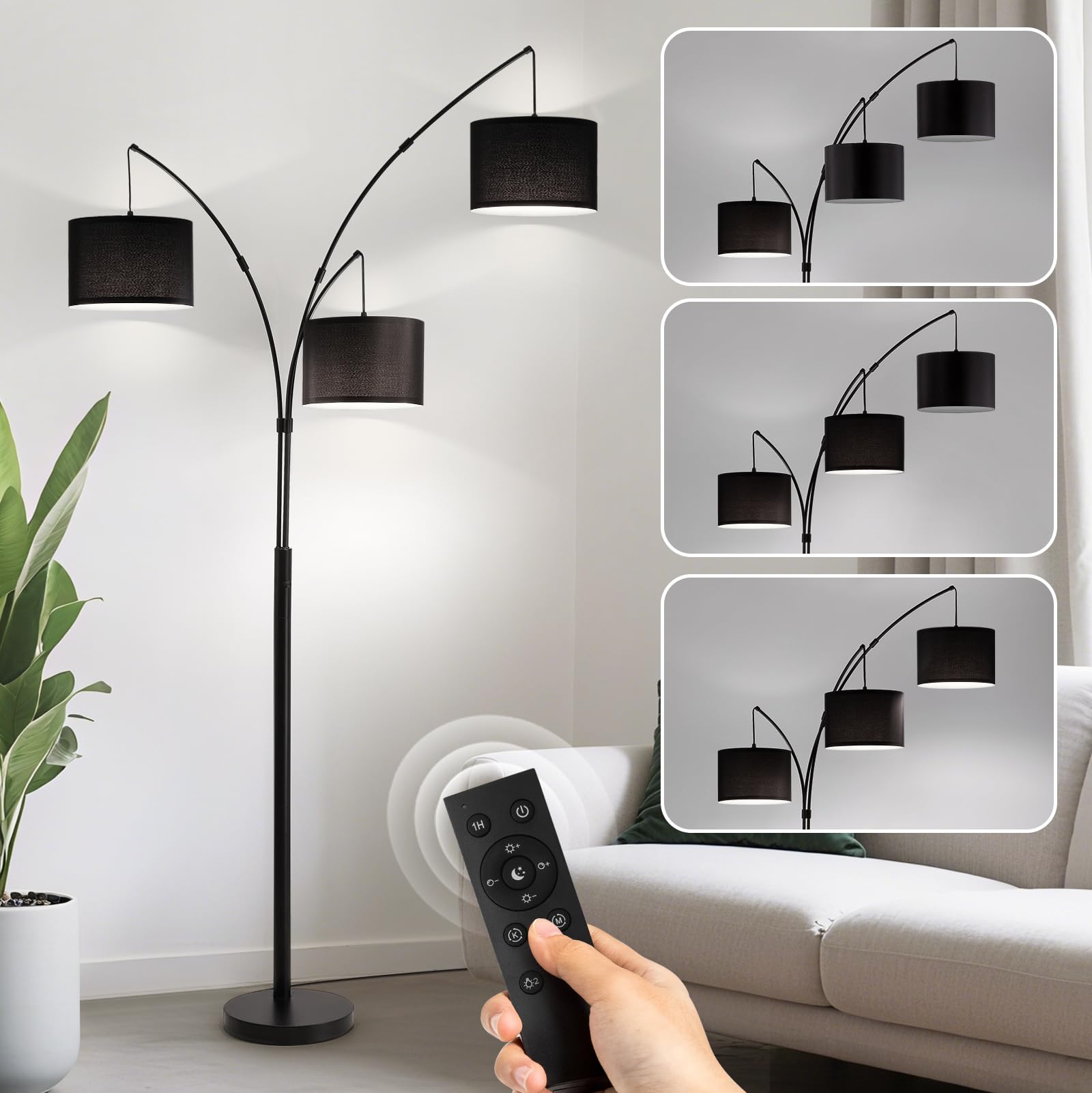 Fansdrick Floor lamp with Remote, 3 Light Arc Floor Lamps for Living Room, 2400LM Tall Standing Floor Lamps with Black Shades, 8