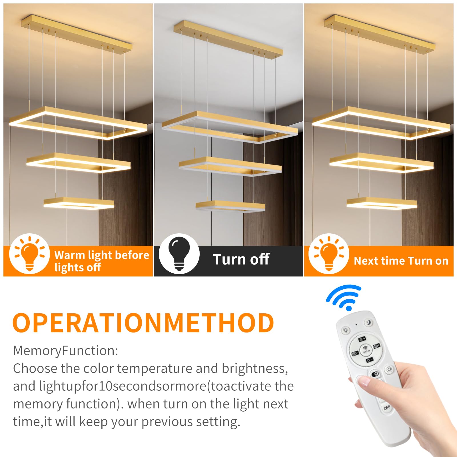 Matven Modern LED Pendant Light Fixture, 3-Ring Rectangular Chandelier, Remote Control Dimming, Adjustable Height, Gold, 15.7-31.4 inches