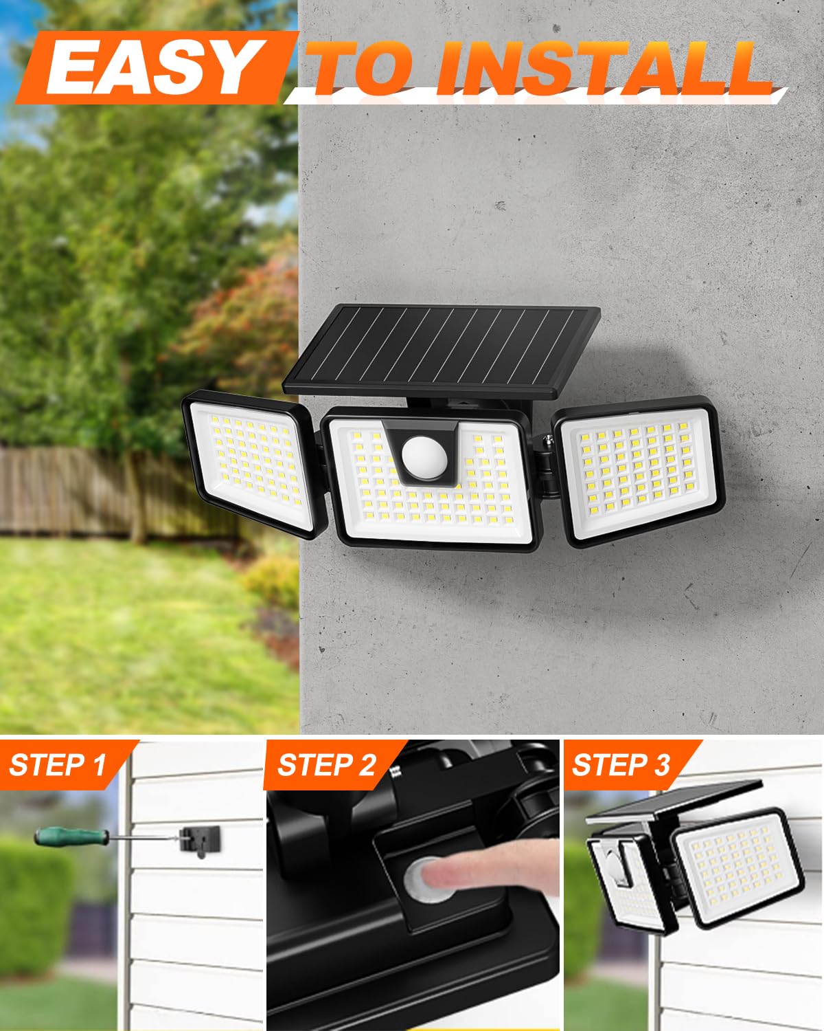 Incx Solar Motion Sensor Lights Outdoor, 3 Heads Security Lights Solar Powered, 156 Led Flood Light Motion Detected Spotlight Fo