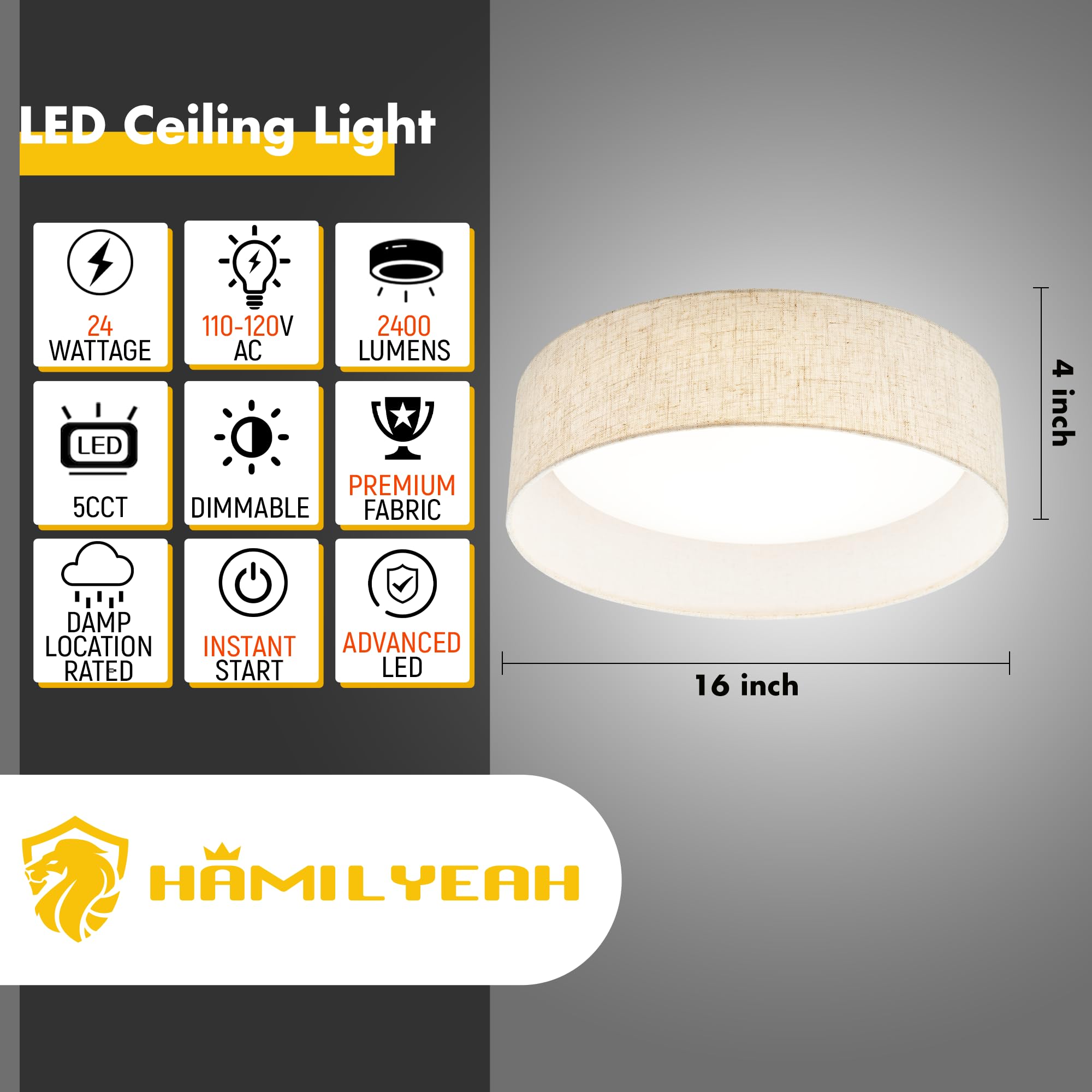 Hamilyeah 16 Inch Led Flush Mount Ceiling Light, 24W Kitchen Lighting Fixture Ceiling Mount With Fabric Shade, Dimmable Drum Cei