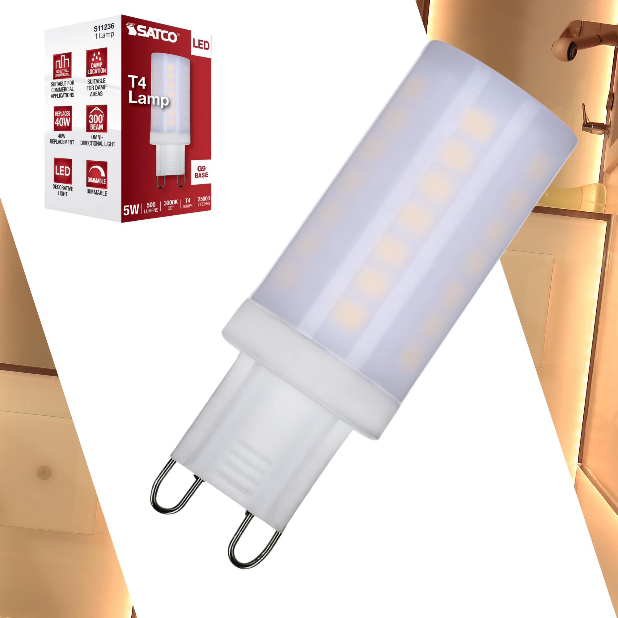 Satco S11236 5W/LED/G9/830/FR/120V/DIM - 5 Watt JCD LED; Frosted Finish; 3000K Soft White; G9 Base; 120 Volt; T4 Shape; 40W HID 
