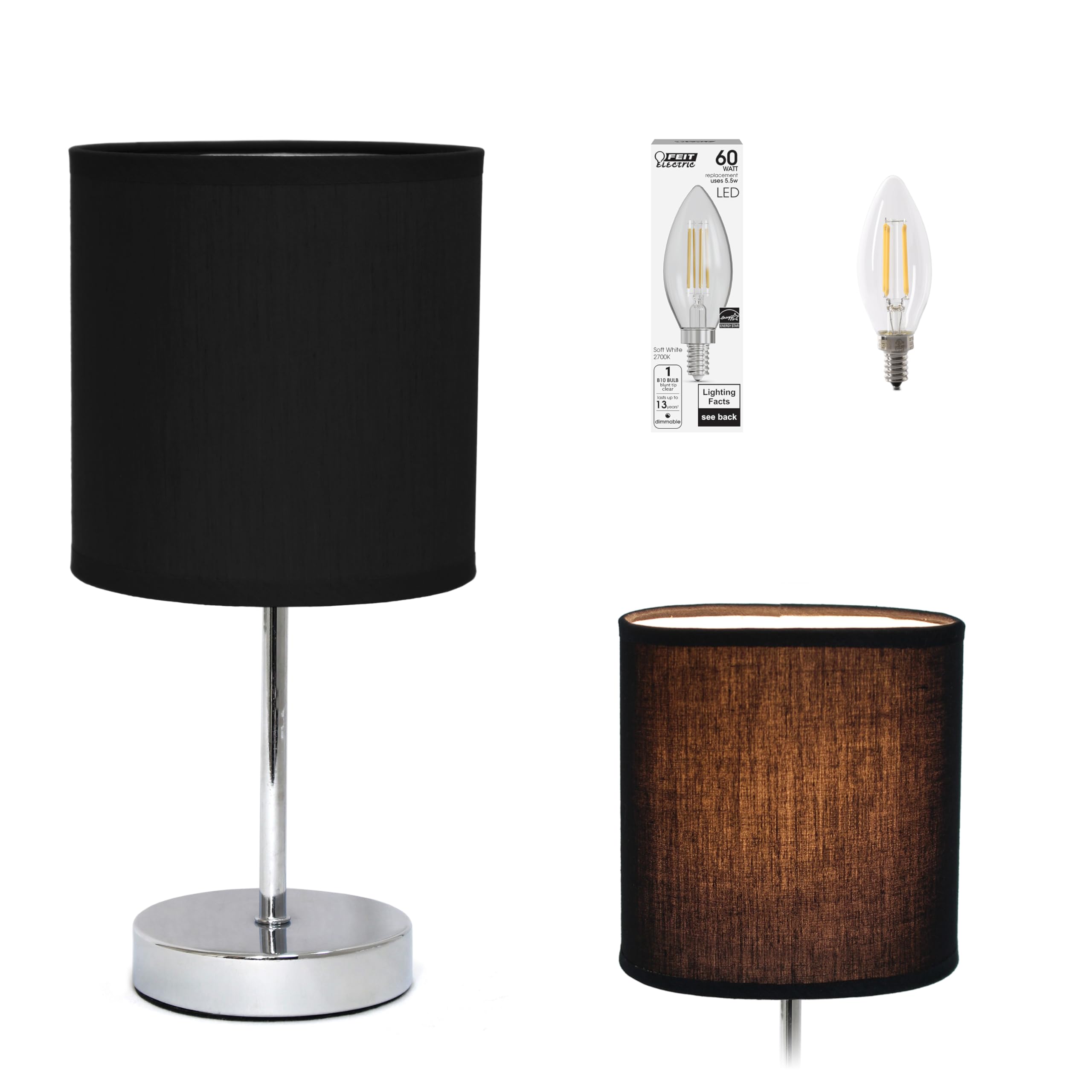 Simple Designs Lt2007-Blk-Lb Basic Chrome Mini Table Lamp For Living Room, Nightstand, Desk, Countertop, Black, With Feit Led Bu